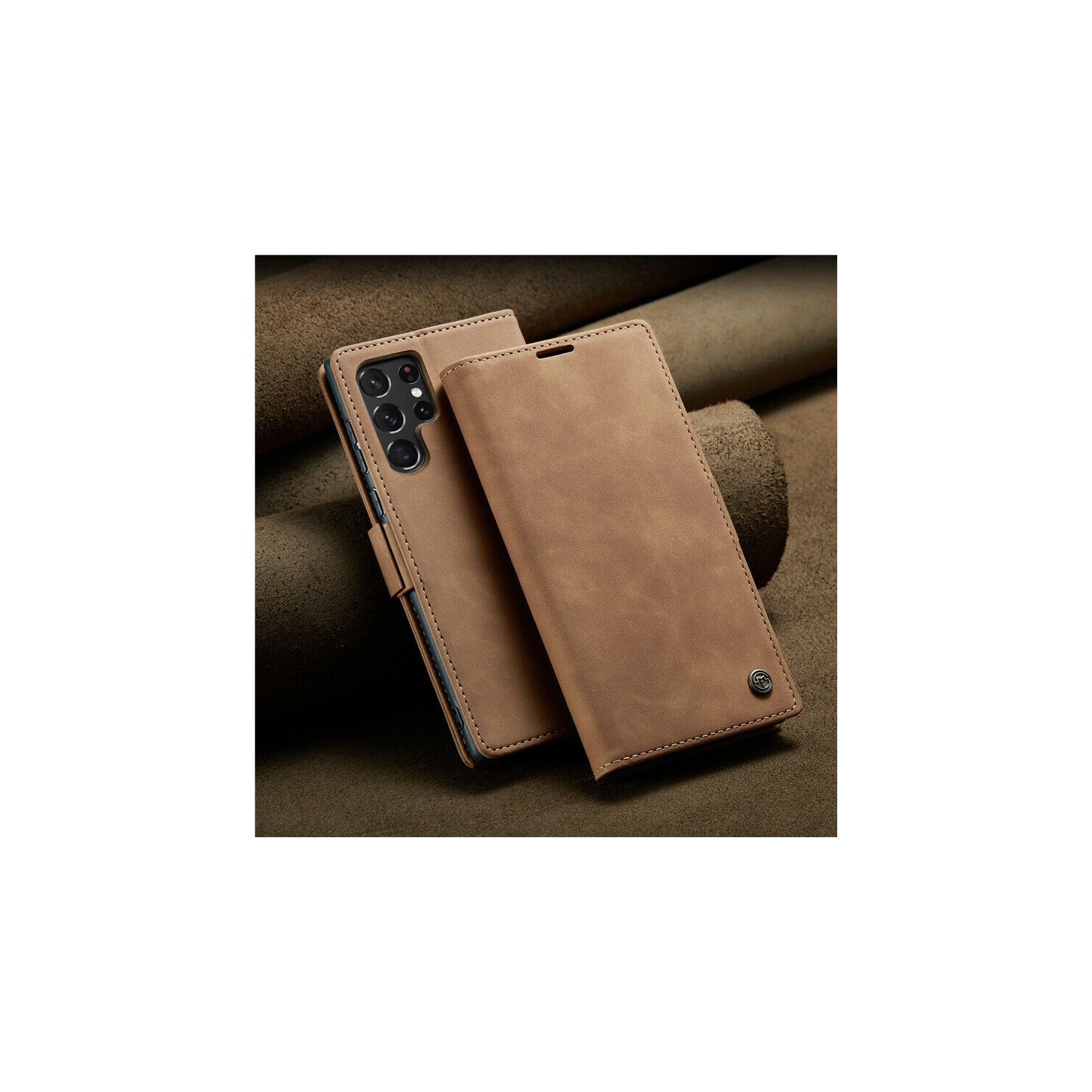 CaseMe Coque pour Samsung Galaxi S23 ULTRA étui portefeuille en cuir au design classique avec fente pour carte et fermeture magnétique -Marron