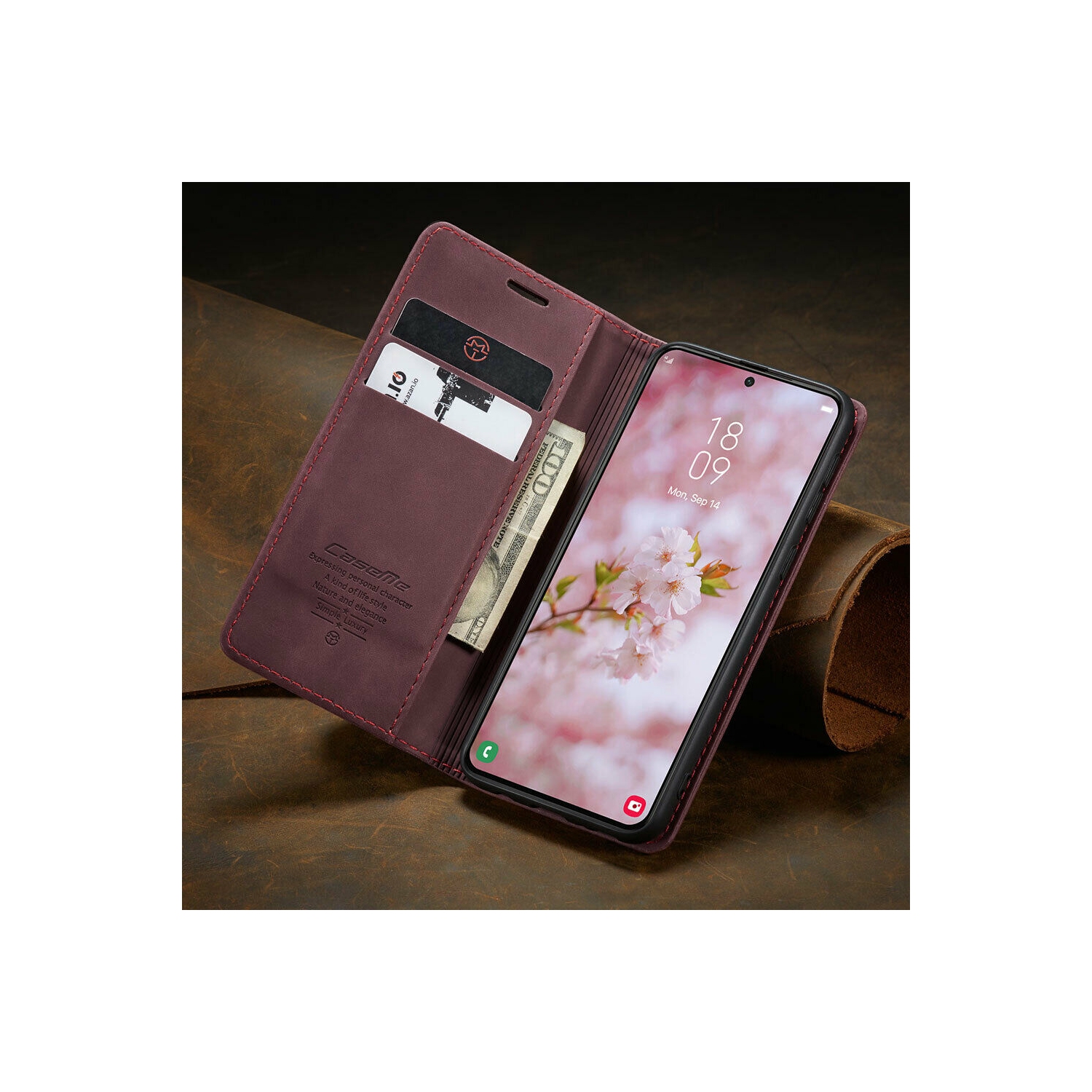 CaseMe Coque pour Samsung Galaxi S22 étui portefeuille en cuir au design classique avec fente pour carte et fermeture magnétique -Rouge