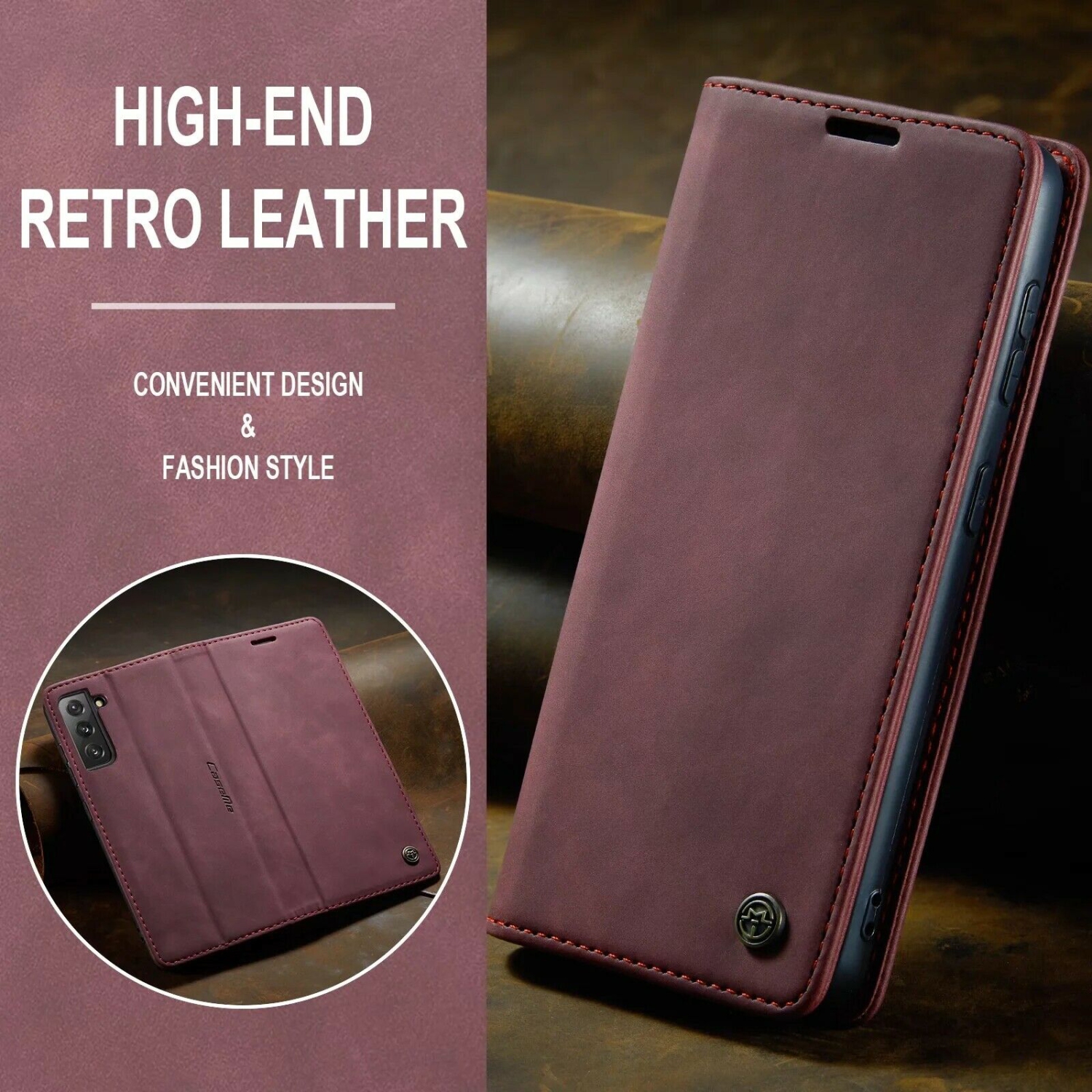 CaseMe Coque pour Samsung Galaxi S22 étui portefeuille en cuir au design classique avec fente pour carte et fermeture magnétique -Rouge