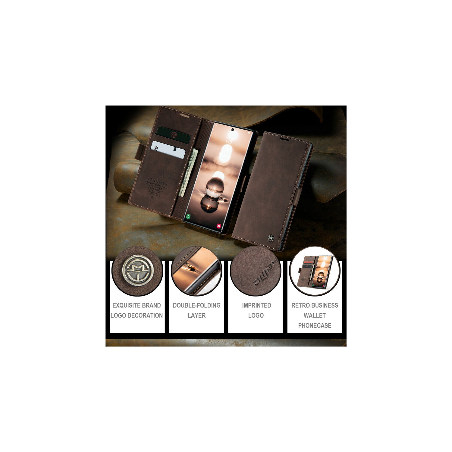 CaseMe Coque pour Samsung Galaxi S23 ULTRA étui portefeuille en cuir au design classique avec fente pour carte et fermeture magnétique -Coffee