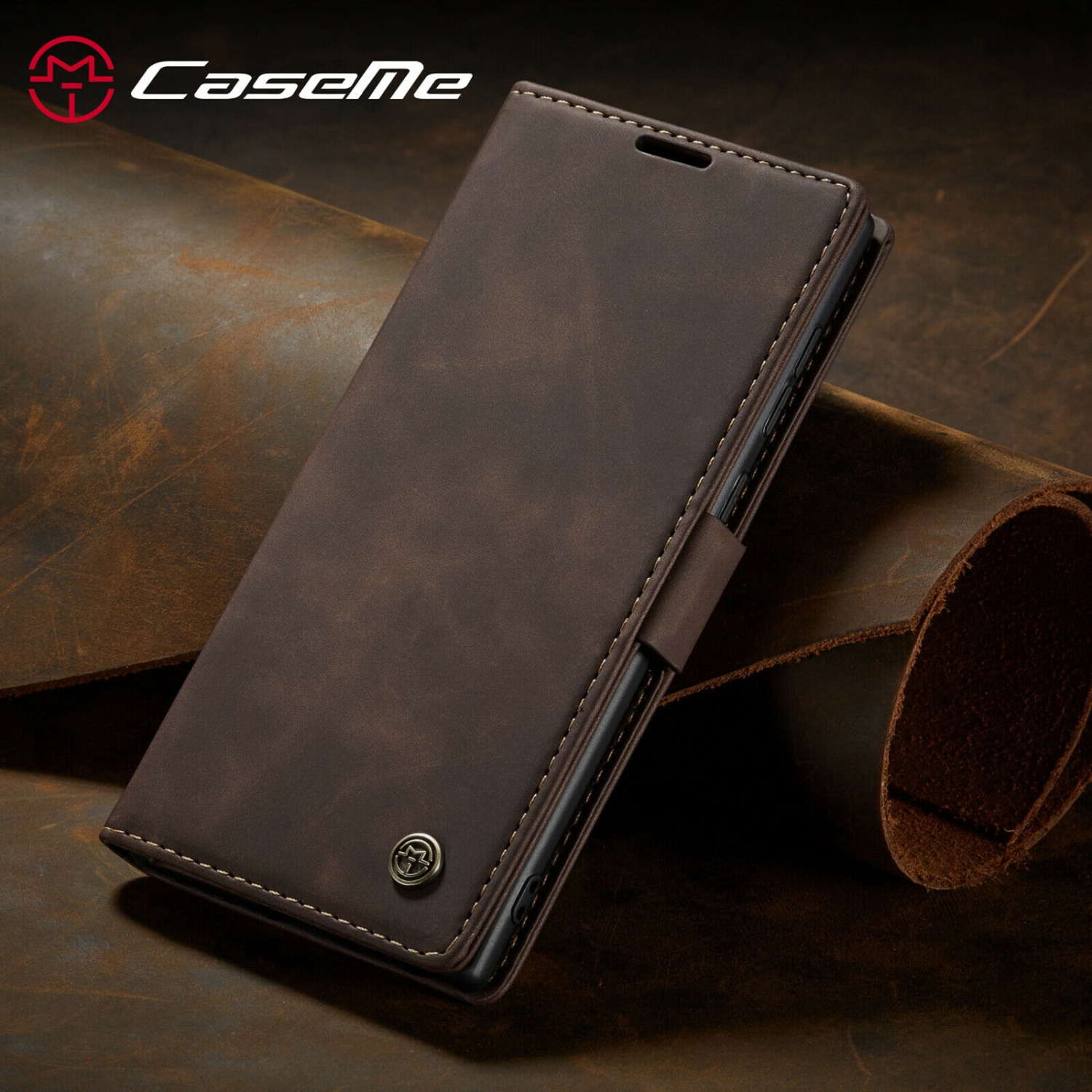 CaseMe Coque pour Samsung Galaxi S23 ULTRA étui portefeuille en cuir au design classique avec fente pour carte et fermeture magnétique -Coffee