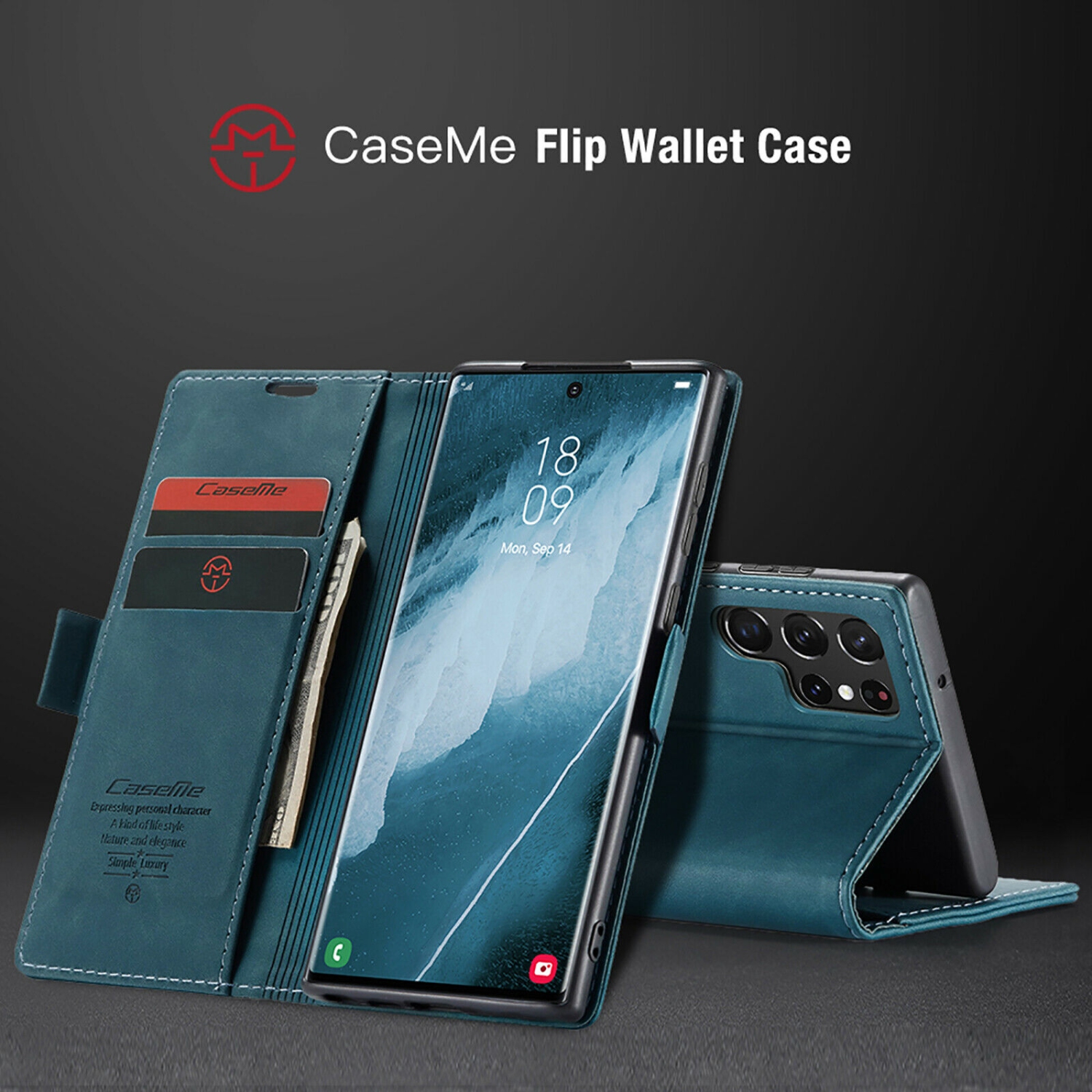 CaseMe Coque pour Samsung Galaxi S23 ULTRA étui portefeuille en cuir au design classique avec fente pour carte et fermeture magnétique -Cyan