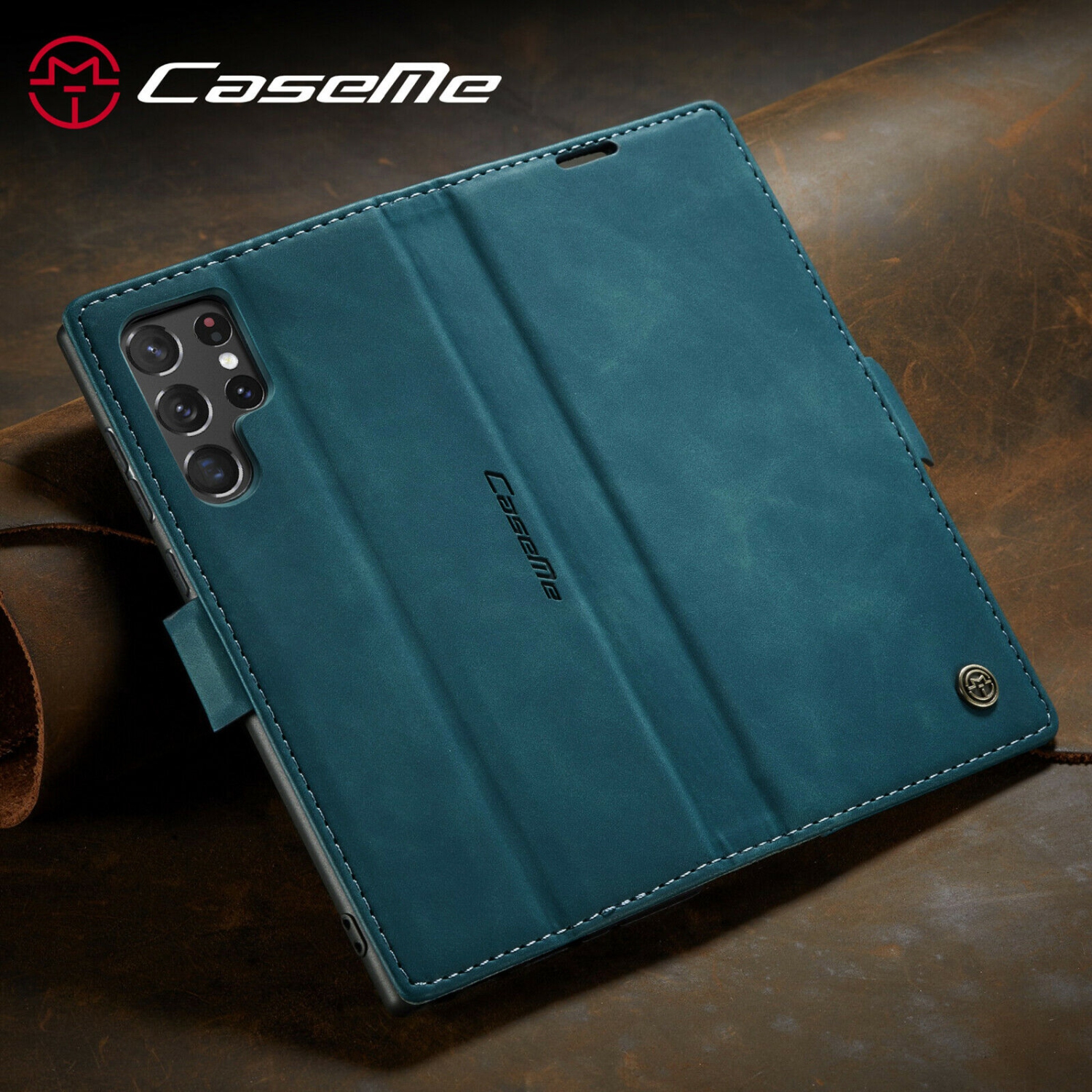 CaseMe Coque pour Samsung Galaxi S23 ULTRA étui portefeuille en cuir au design classique avec fente pour carte et fermeture magnétique -Cyan