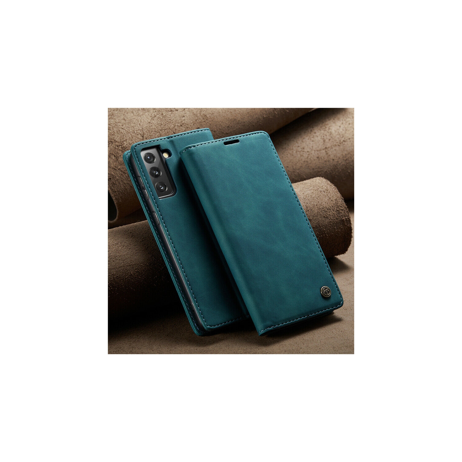 CaseMe Coque pour Samsung Galaxi S22 PLUS étui portefeuille en cuir au design classique avec fente pour carte et fermeture magnétique -Cyan