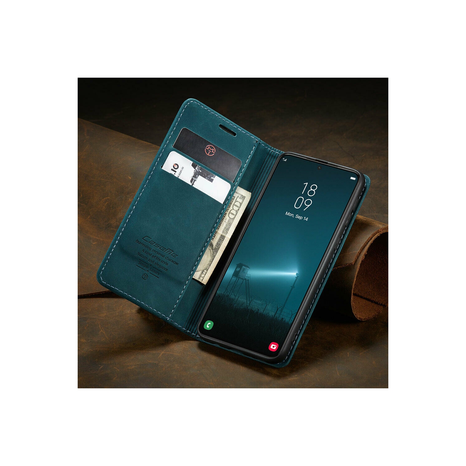 CaseMe Coque pour Samsung Galaxi S22 PLUS étui portefeuille en cuir au design classique avec fente pour carte et fermeture magnétique -Cyan