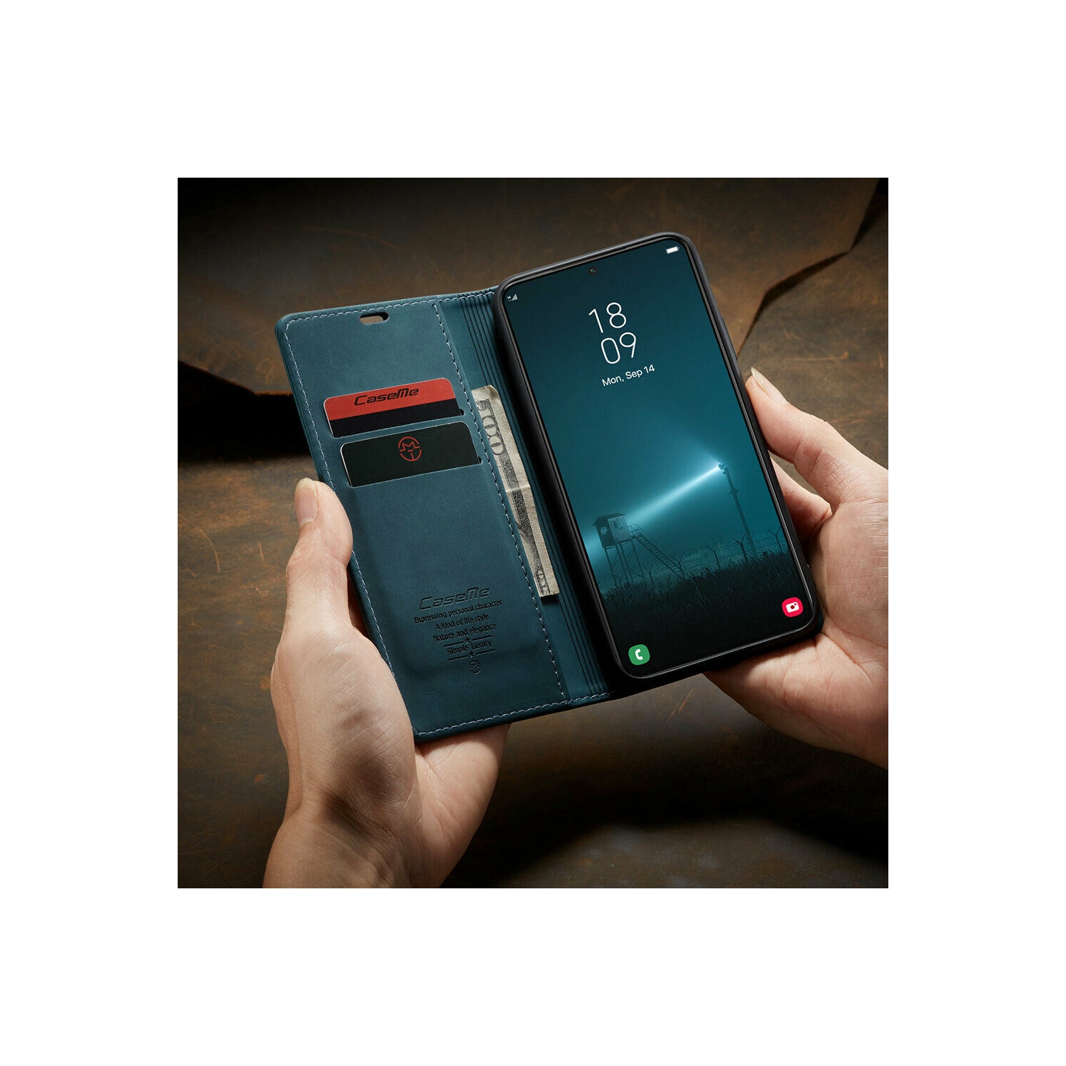 CaseMe Coque pour Samsung Galaxi S22 PLUS étui portefeuille en cuir au design classique avec fente pour carte et fermeture magnétique -Cyan