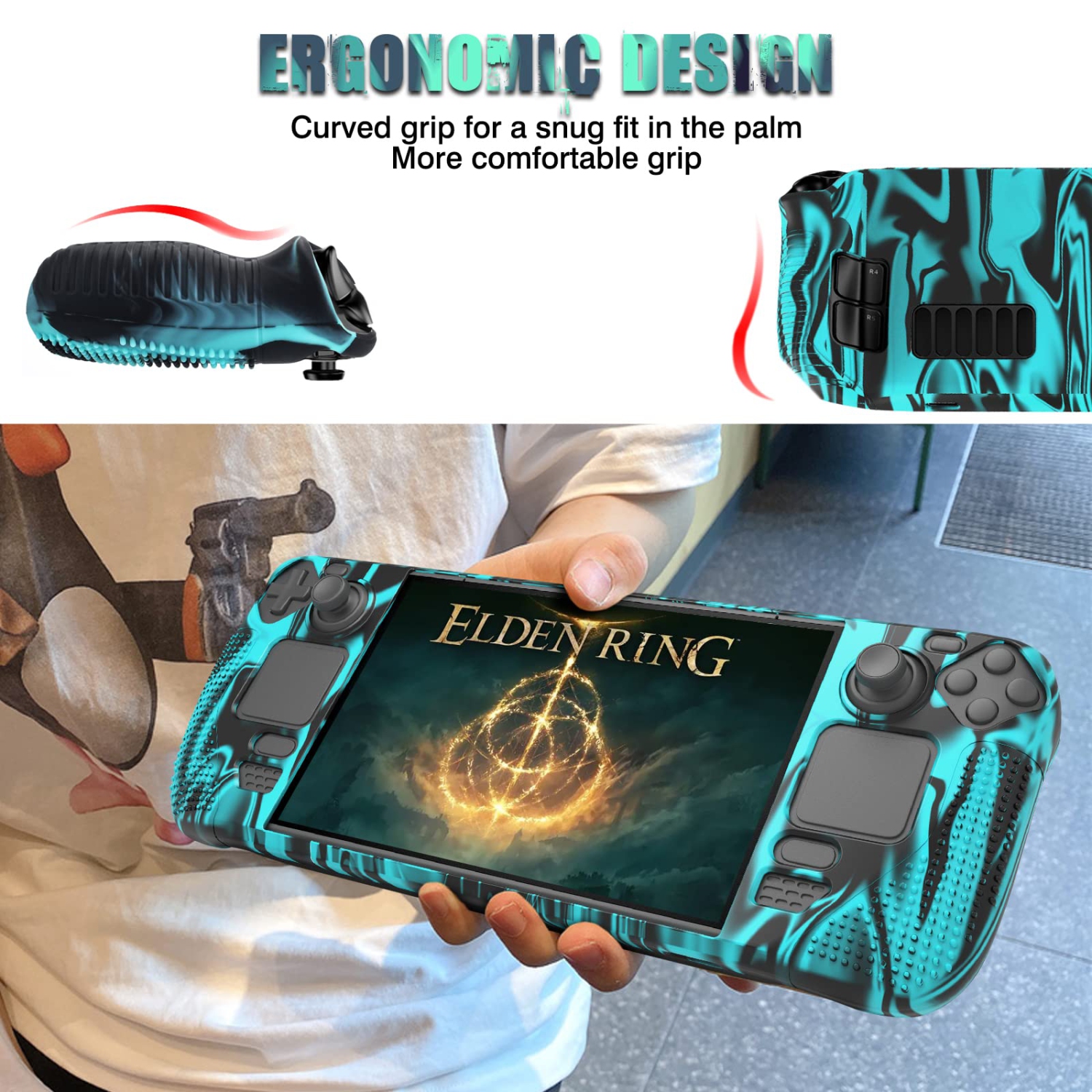 Stripe Steam Deck Protective Case Silicone Soft Shell Shockproof Cover Full Protection Non-Slip Scratch Resistant Skin - Blue and Black