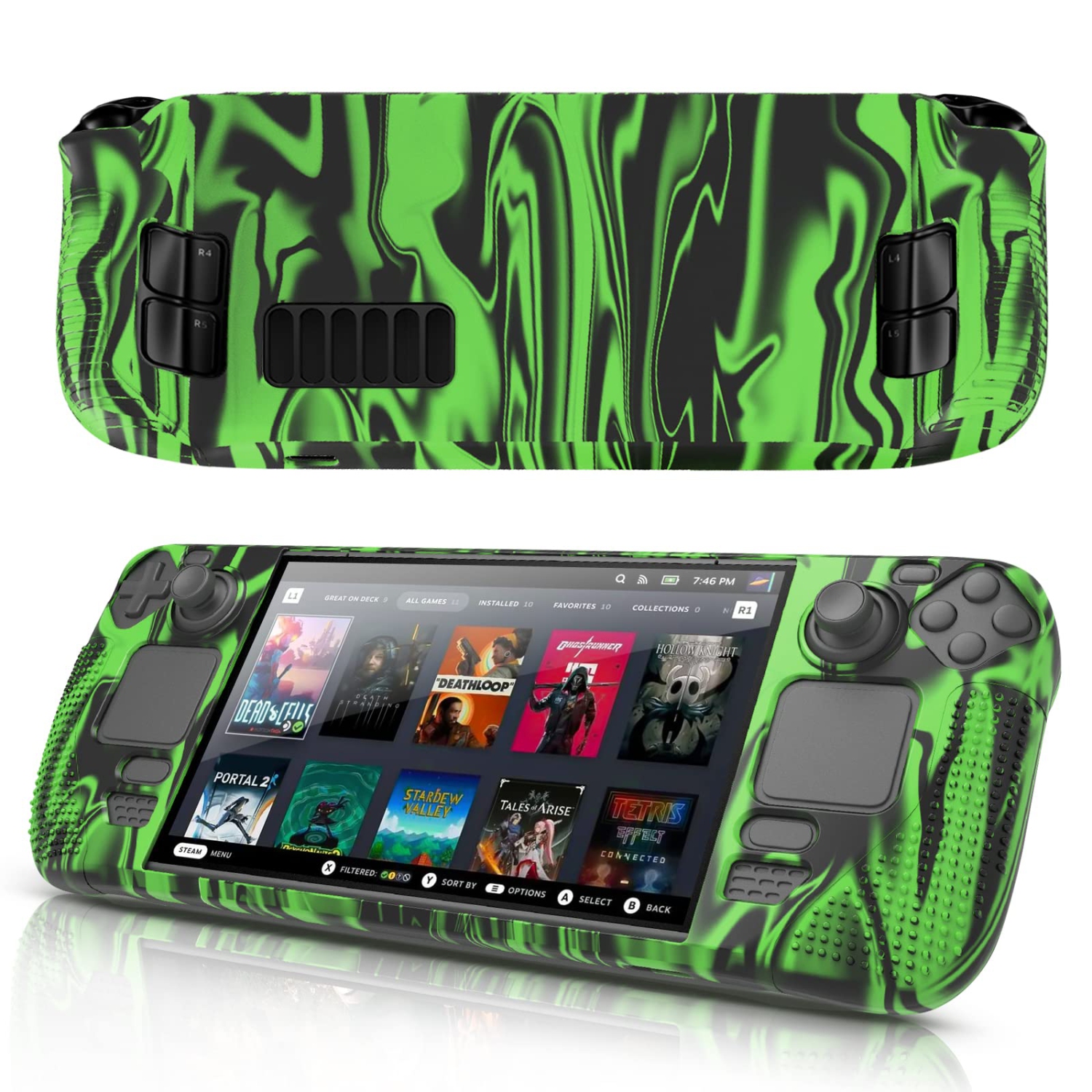 Stripe Steam Deck Protective Case Silicone Soft Shell Shockproof Cover Full Protection Non-Slip Scratch Resistant Skin - Green and Black