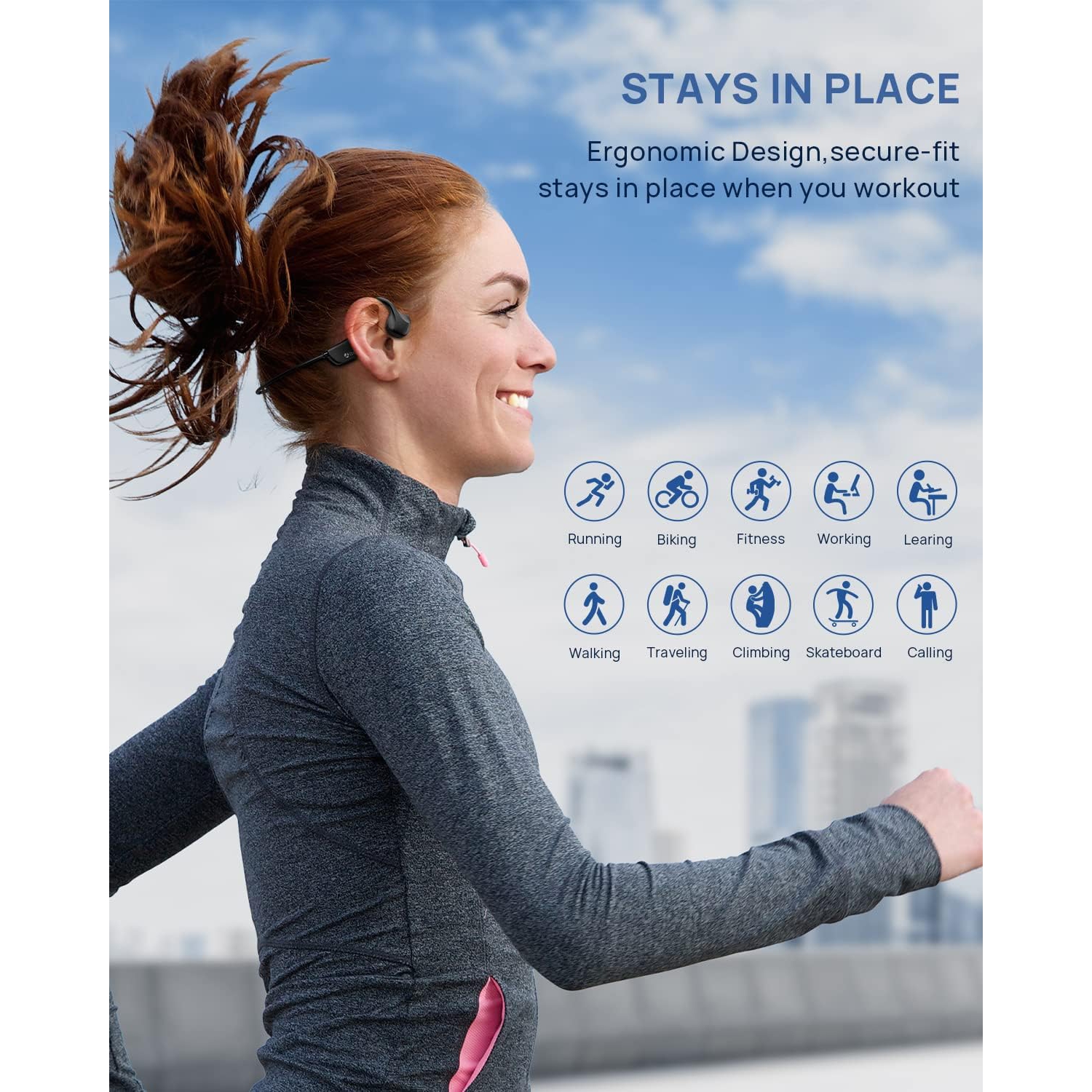 Écouteurs sans fil Bluetooth 5,2 à conduction osseuse, micro intégré, casque sport IP54 résistant à la sueur pour la course et le vélo - Noir