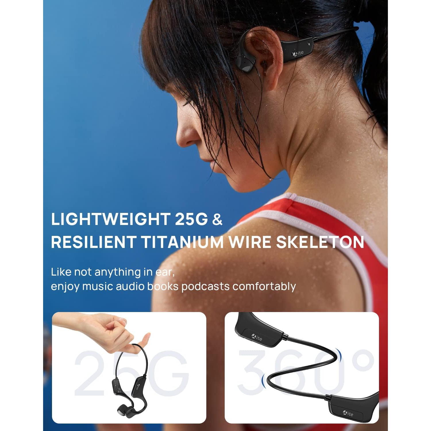 Écouteurs sans fil Bluetooth 5,2 à conduction osseuse, micro intégré, casque sport IP54 résistant à la sueur pour la course et le vélo - Noir