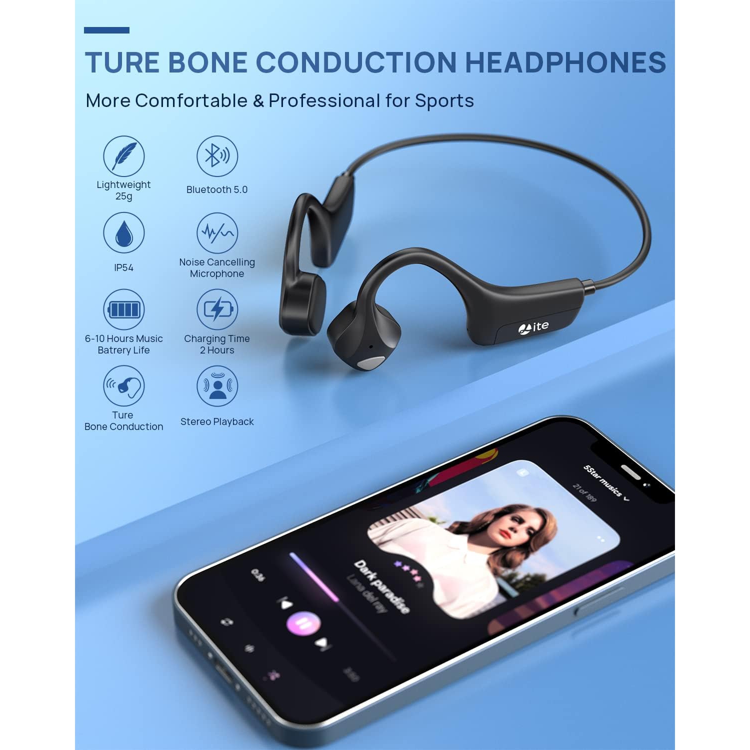 Écouteurs sans fil Bluetooth 5,2 à conduction osseuse, micro intégré, casque sport IP54 résistant à la sueur pour la course et le vélo - Noir