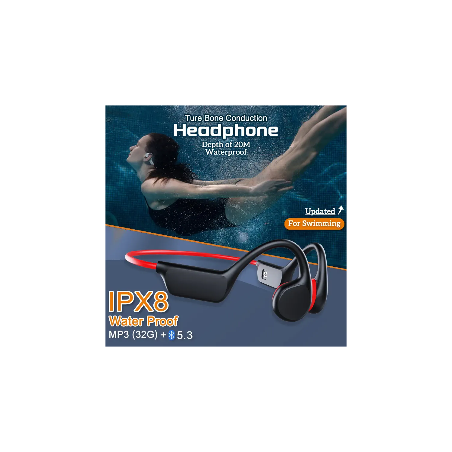 Écouteurs bouton sans fil Bluetooth à conduction osseuse avec micro 32&nbsp;Go Carte SD Carte mémoire intégrée Écouteurs à suppression du bruit pour