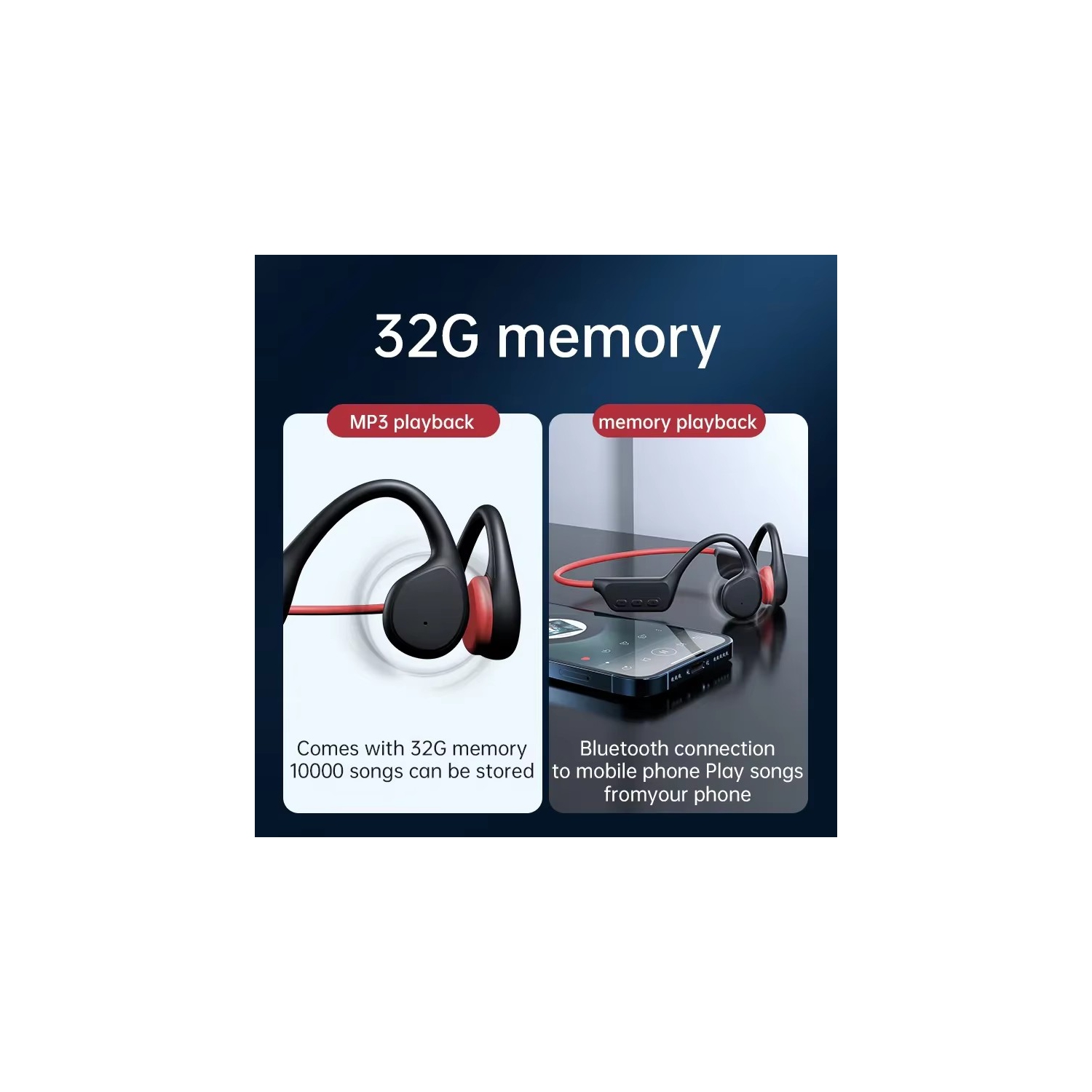 Écouteurs bouton sans fil Bluetooth à conduction osseuse avec micro 32&nbsp;Go Carte SD Carte mémoire intégrée Écouteurs à suppression du bruit pour