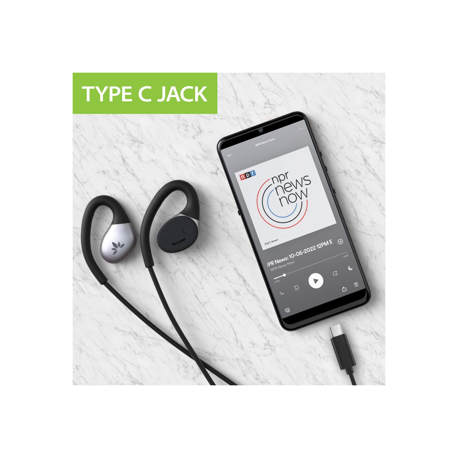 USB C Wired Open-Ear Earphones & Microphone with in-Line Controls & Over-Ear Hooks, Headphones Compatible with Samsung, LG, Google, OnePlus, and