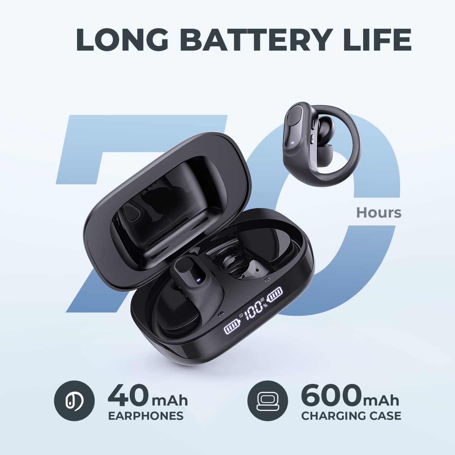 Wireless Earbuds 70Hrs Playtime Bluetooth 5.3 Earphones with Mic Wireless Charging Case LED Display Headphones IPX7 Waterproof Over Ear Earhooks