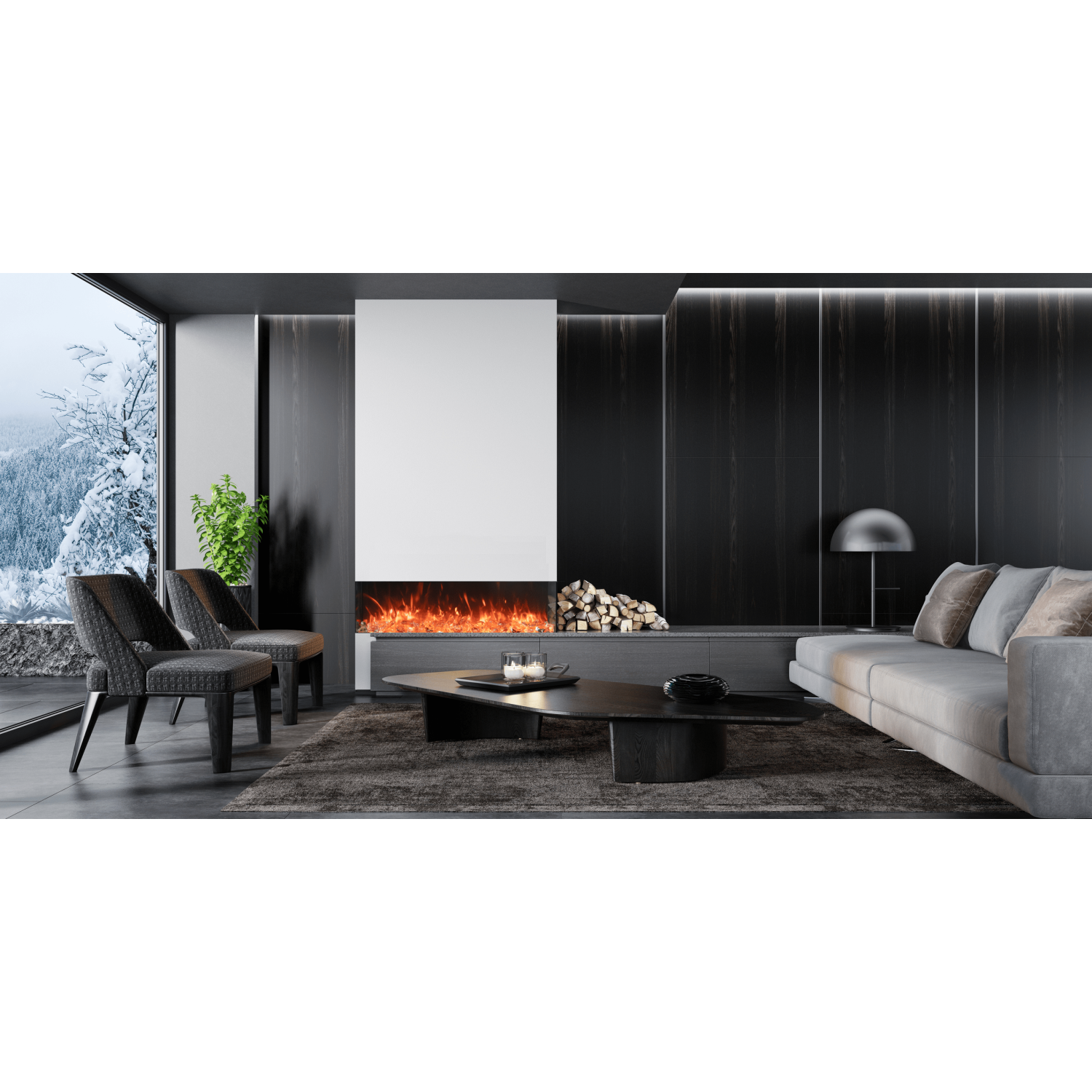 Le foyer électrique de 45 po Bespoke de TruView est offert avec 3 verre à foyer et le choix d'un ensemble multimédia de conception.