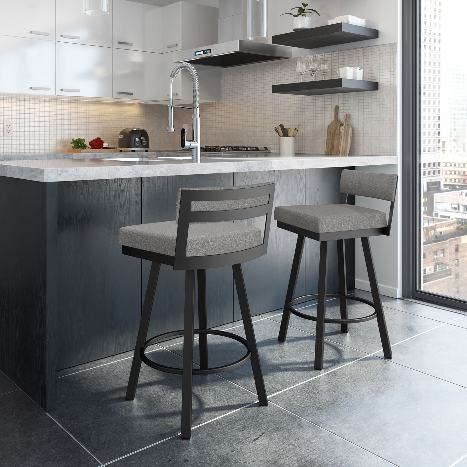 Travis Contemporary Counter Height Barstool - Silver Grey/Black