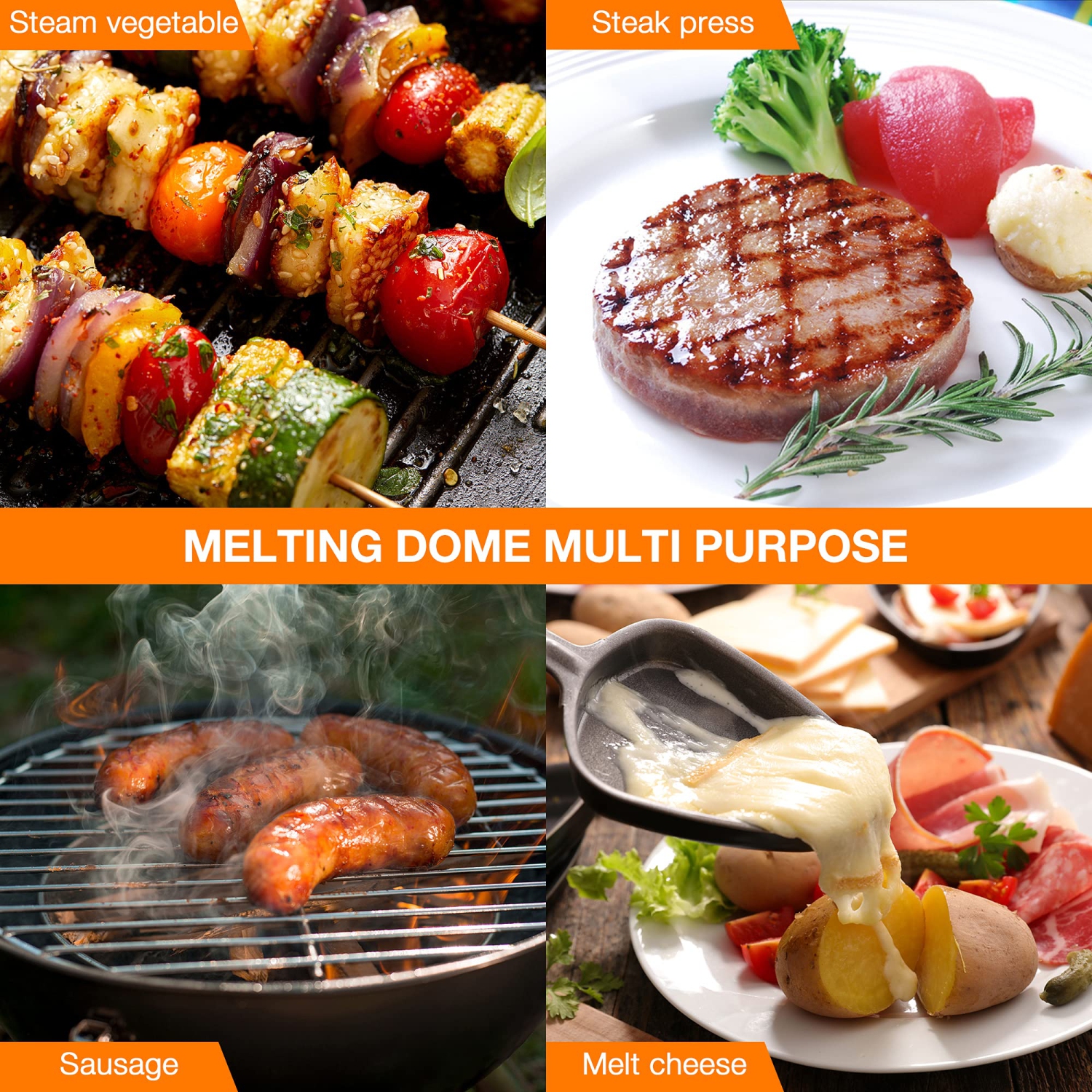 Ensemble dôme à fondre et presse-panini - couvercle à badigeonner en acier inoxydable dôme de fondant au fromage avec presse à hamburger en fonte