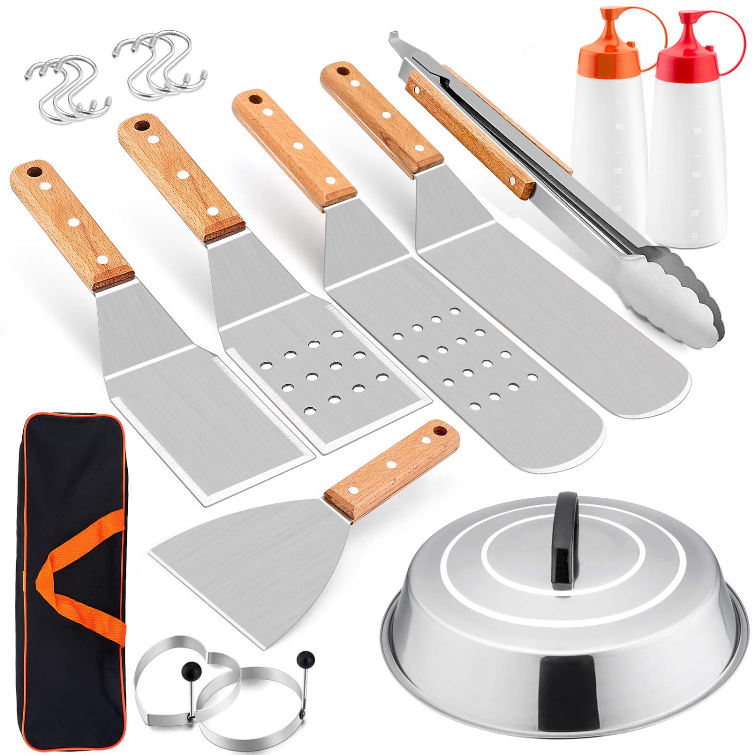 Griddle Accessories Set of 12, Professional Stainless Steel Metal Spatula Tools with 12in Cheese Melting Dome, Heavy Duty Griddle Spatulas Great for