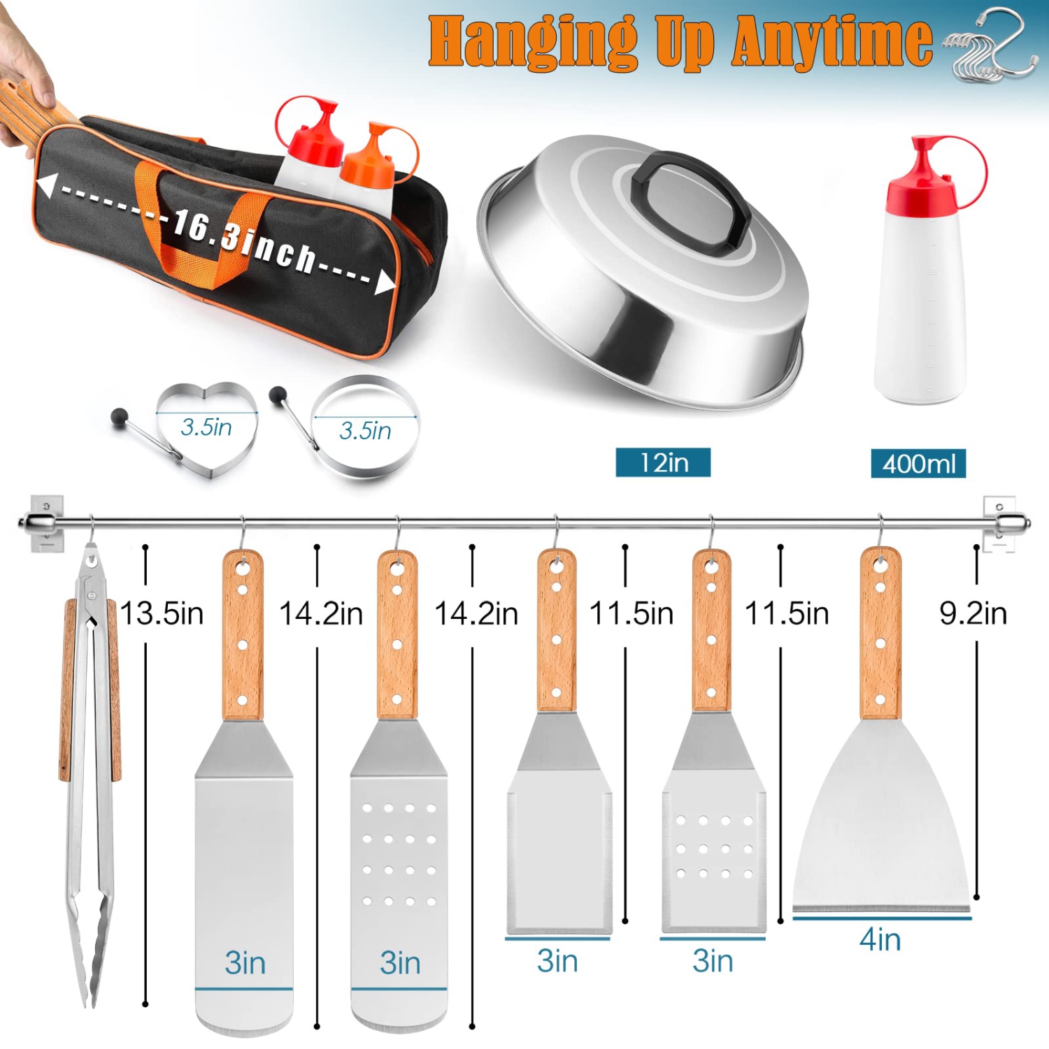 Griddle Accessories Set of 12, Professional Stainless Steel Metal Spatula Tools with 12in Cheese Melting Dome, Heavy Duty Griddle Spatulas Great for