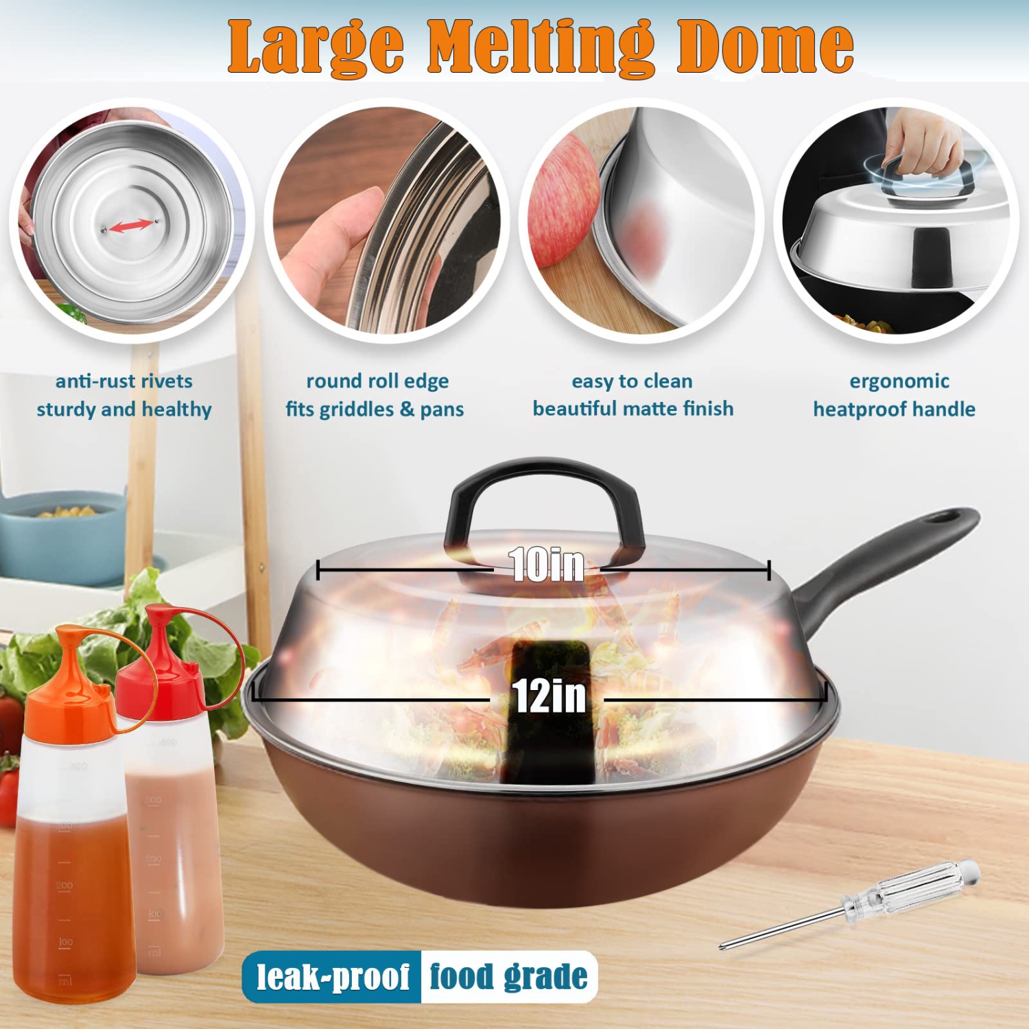 Griddle Accessories Set of 12, Professional Stainless Steel Metal Spatula Tools with 12in Cheese Melting Dome, Heavy Duty Griddle Spatulas Great for