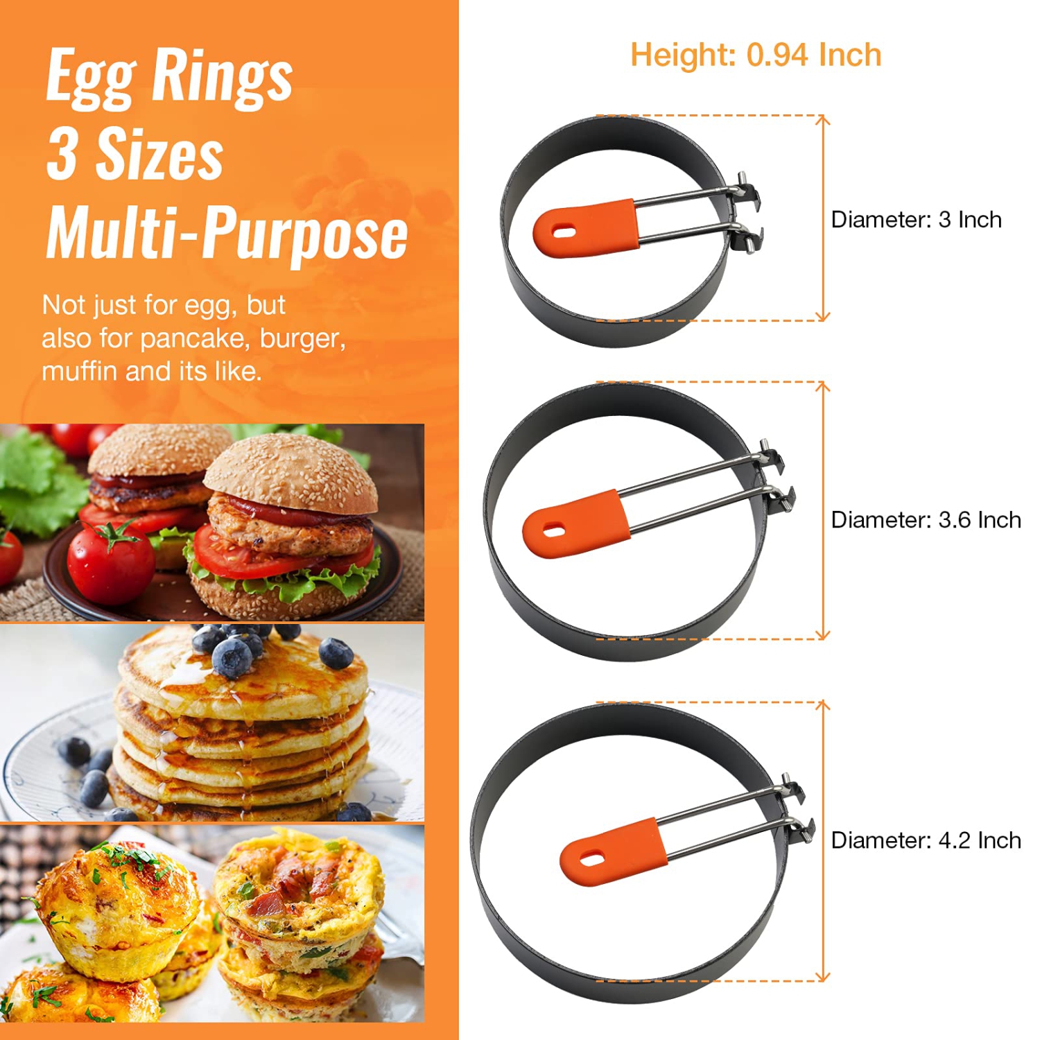 Egg Rings for Frying Egg Mcmuffins Anti-Scald Fold-up Handle Leakproof Egg Mould with Oil Brush Crumpet Rings Breakfast Tool for Frying Eggs