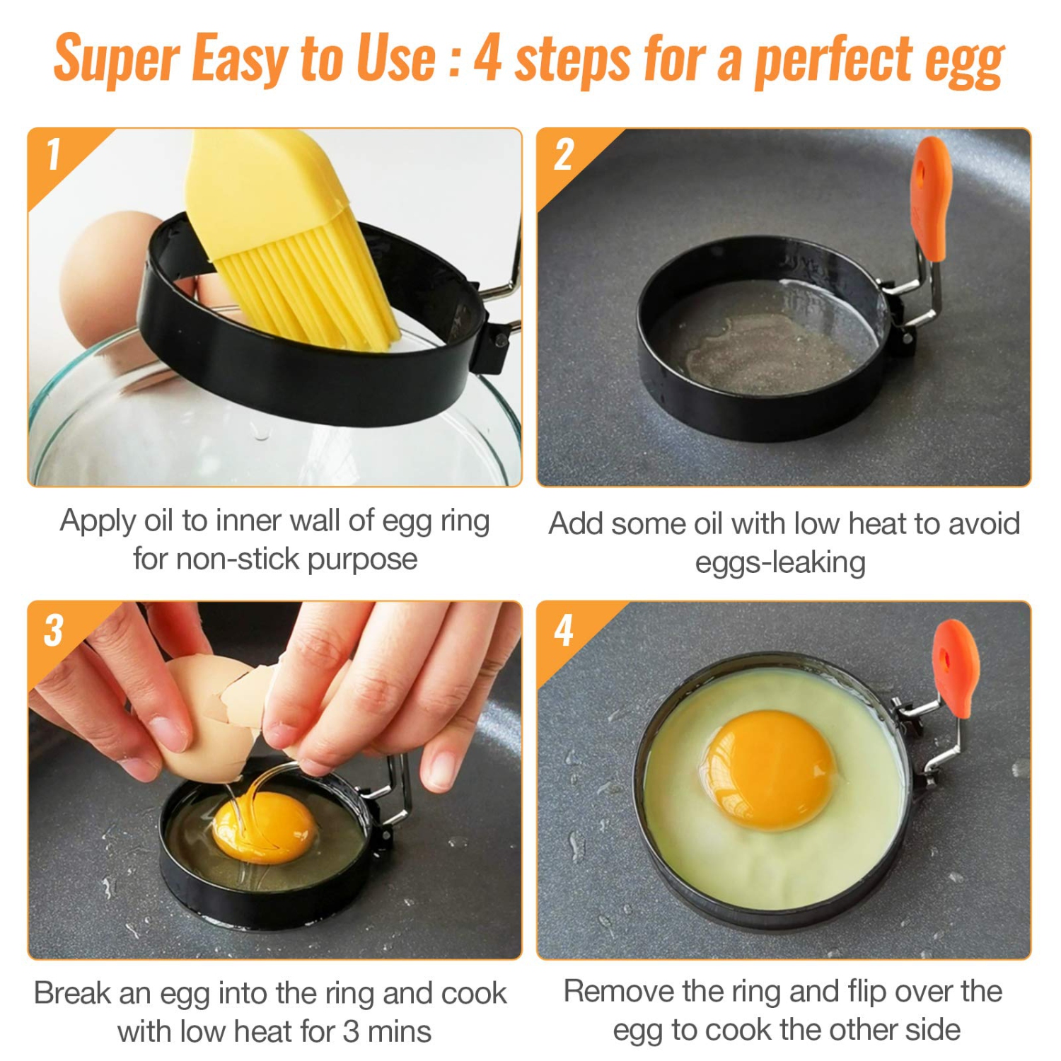 Egg Rings for Frying Egg Mcmuffins Anti-Scald Fold-up Handle Leakproof Egg Mould with Oil Brush Crumpet Rings Breakfast Tool for Frying Eggs
