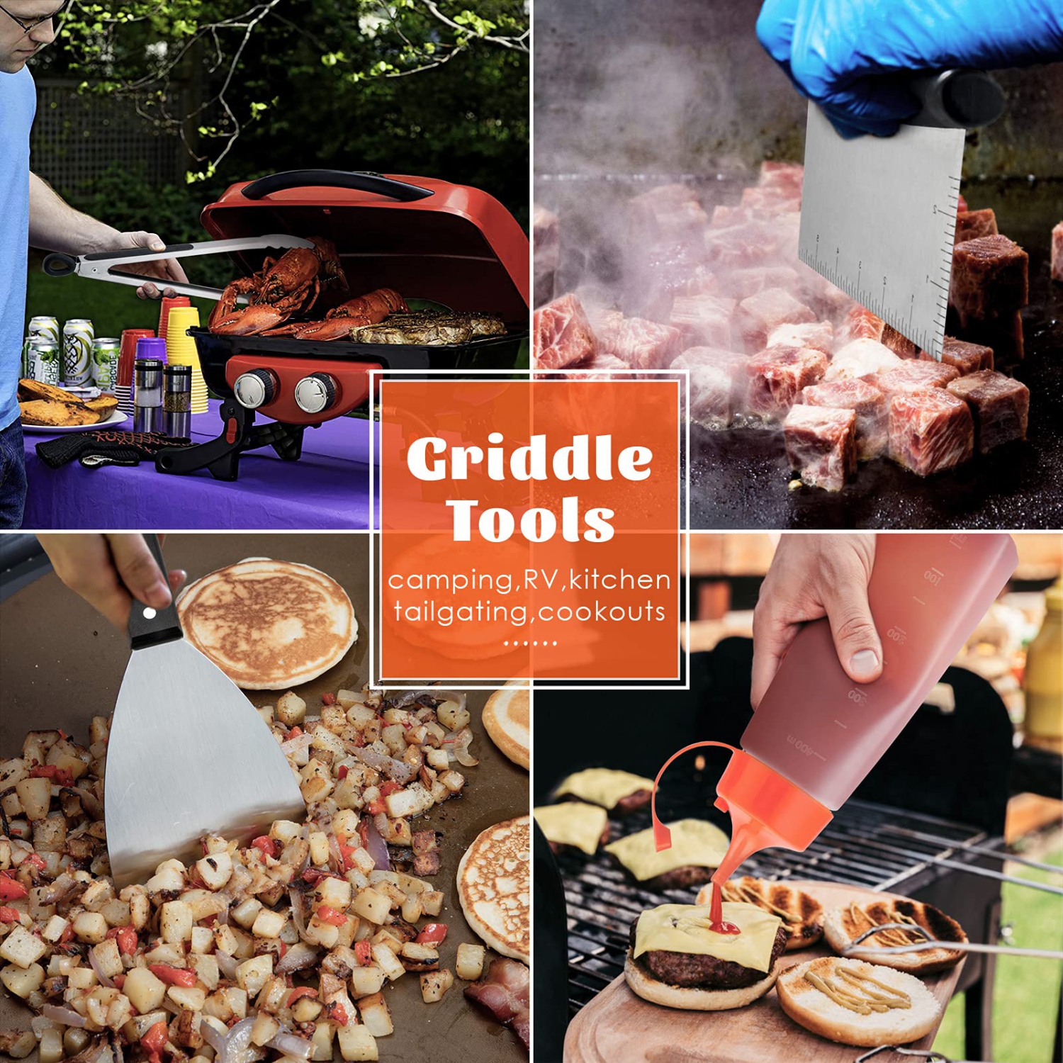 Griddle Accessories Set, Stainless Steel Griddle Tools Kit of 10 for Flat Top Teppanyaki BBQ Cooking Camping, 12” Melting Dome, Metal Spatulas,