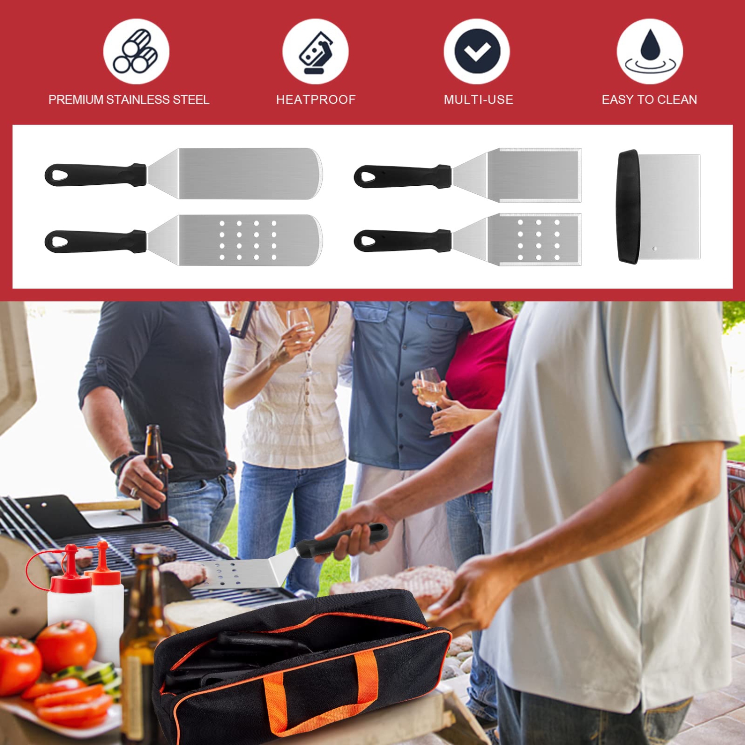 Griddle Accessories Kit of 8, Heavy Duty Metal Spatula Chopper, Professional Stainless Steel Griddle Tools with Storage Bag, Great for Flat Top