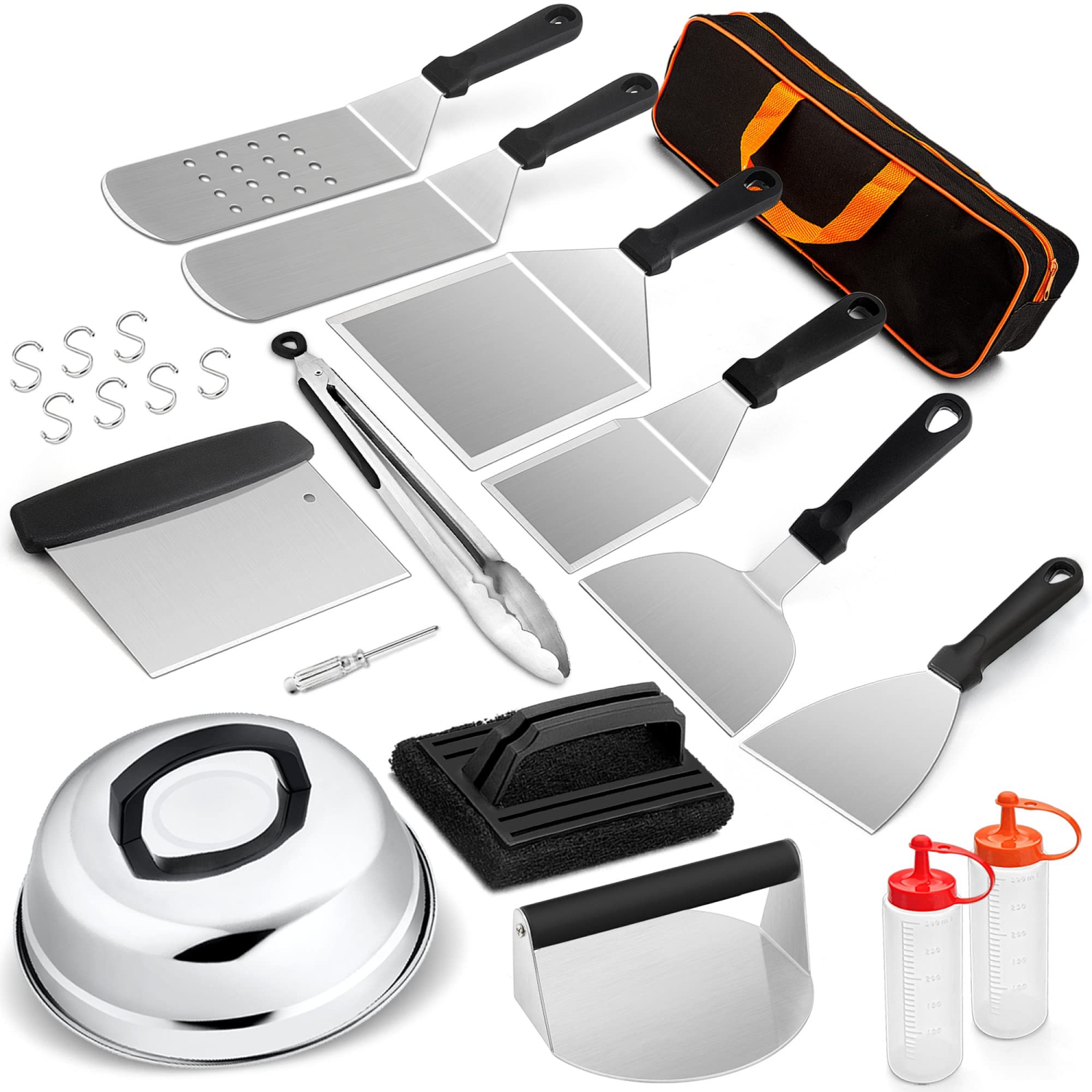 Griddle Accessories Set of 14, Heavy Duty Stainless Steel Grill Griddle Metal Spatulas for Cast Iron Flat Top Teppanyaki Hibachi Cooking, Burger