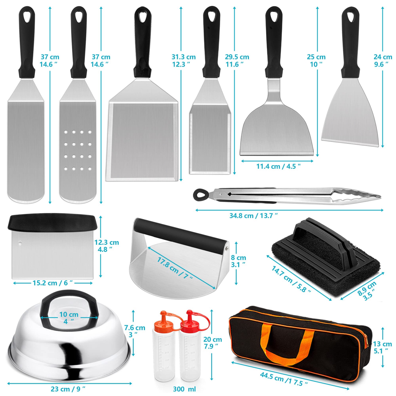 Griddle Accessories Set of 14, Heavy Duty Stainless Steel Grill Griddle Metal Spatulas for Cast Iron Flat Top Teppanyaki Hibachi Cooking, Burger