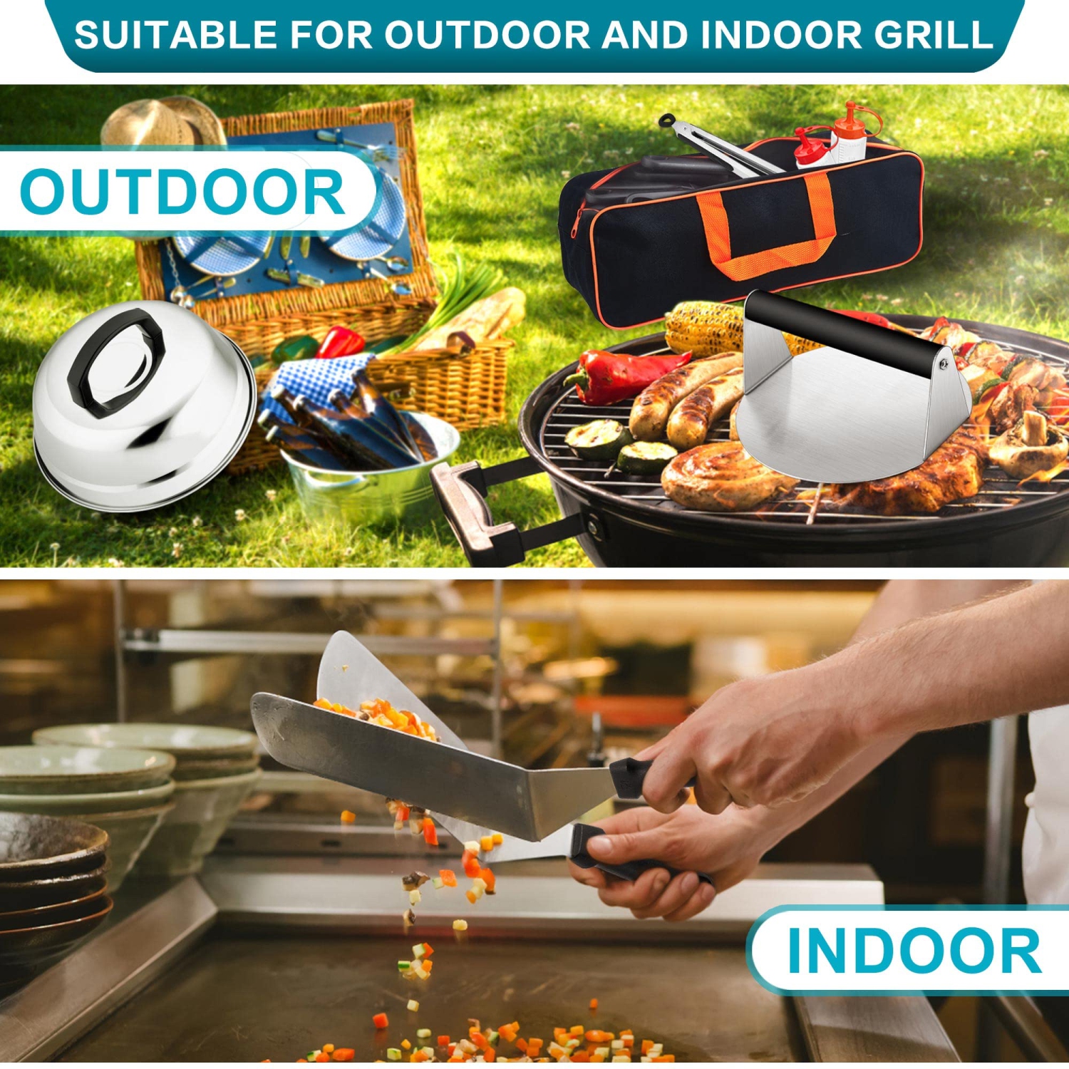 Griddle Accessories Set of 14, Heavy Duty Stainless Steel Grill Griddle Metal Spatulas for Cast Iron Flat Top Teppanyaki Hibachi Cooking, Burger