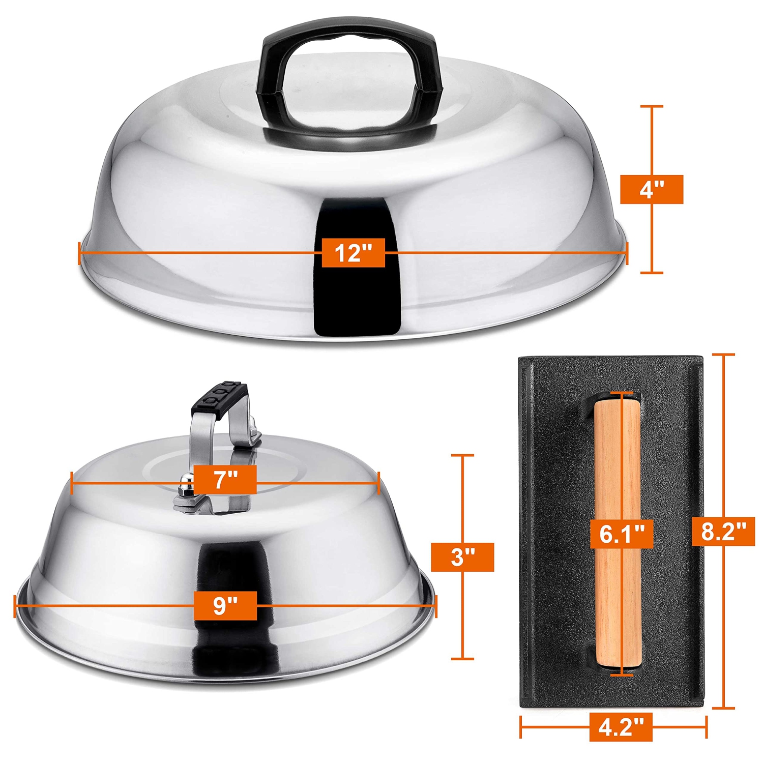 Cheese Melting Domes with Grill Press, 23cm & 30cm Basting Cover, Cast Iron Burger Press Cooking Bacon Meat, Griddle Accessories Kit for Outdoor BBQ