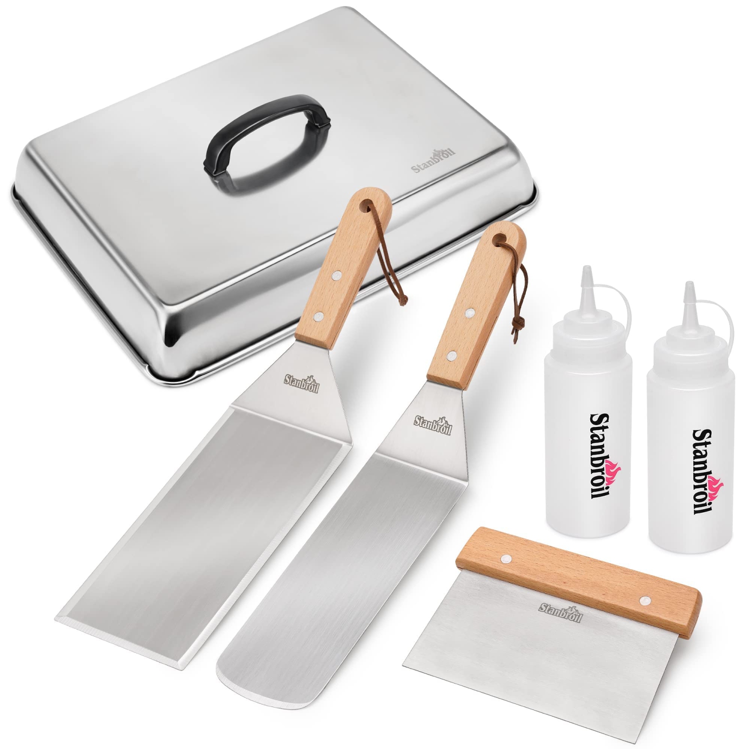 BBQ Griddle Accessories Set of 6 - Heavy Duty Stainless Steel Scraper, Spatula, Basting Cover and Bottles for Blackstone, Camp Chef Grill and Outdoor