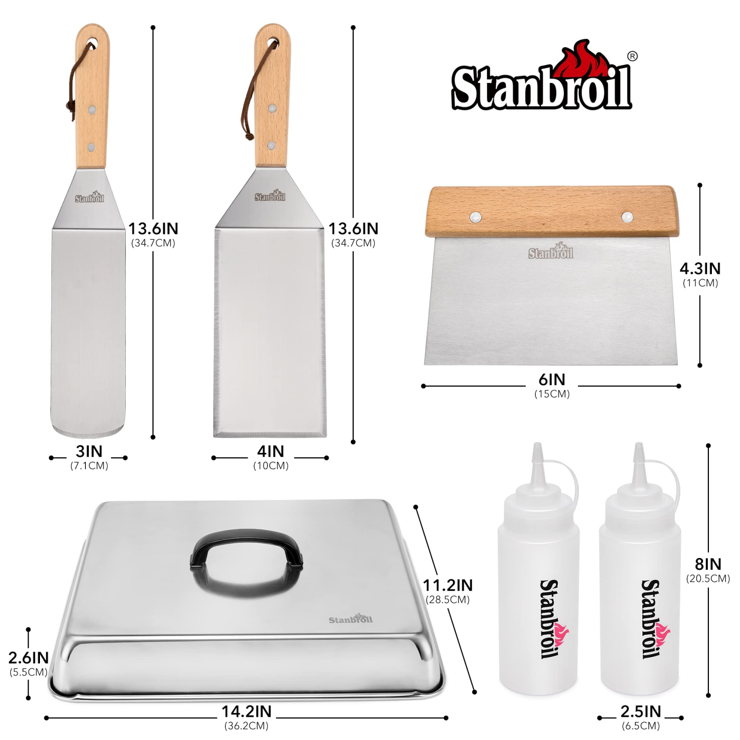 BBQ Griddle Accessories Set of 6 - Heavy Duty Stainless Steel Scraper, Spatula, Basting Cover and Bottles for Blackstone, Camp Chef Grill and Outdoor