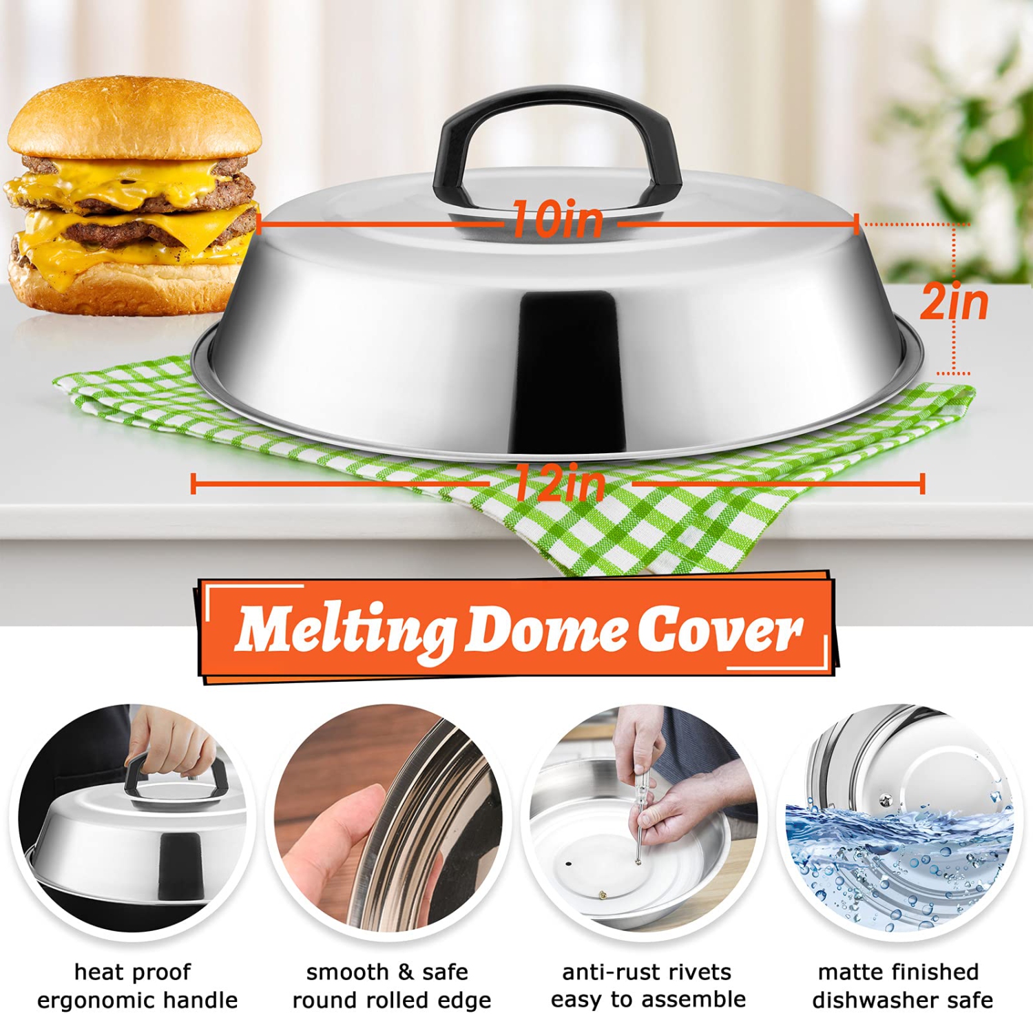 12In Cheese Melting Dome & 7In Cast Iron Grill Press, Stainless Steel Basting Cover with Heavy Duty Burger Bacon Press, Griddle Accessories for