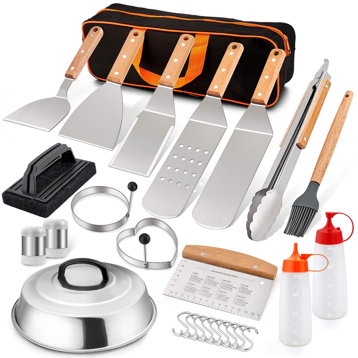 17 PCS Griddle Accessories, Stainless Steel BBQ Grill Accessories Tools with Hamburger Spatula Basting Cover Scraper Tongs, Metal Spatula Set for
