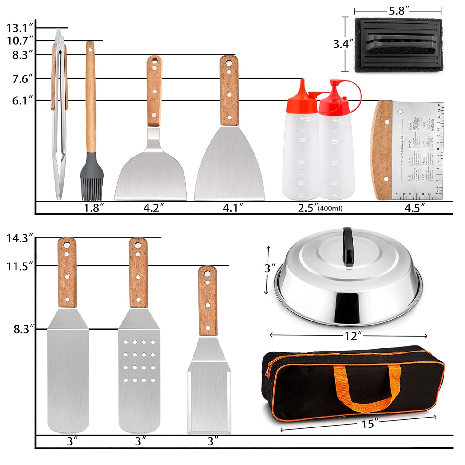 17 PCS Griddle Accessories, Stainless Steel BBQ Grill Accessories Tools with Hamburger Spatula Basting Cover Scraper Tongs, Metal Spatula Set for