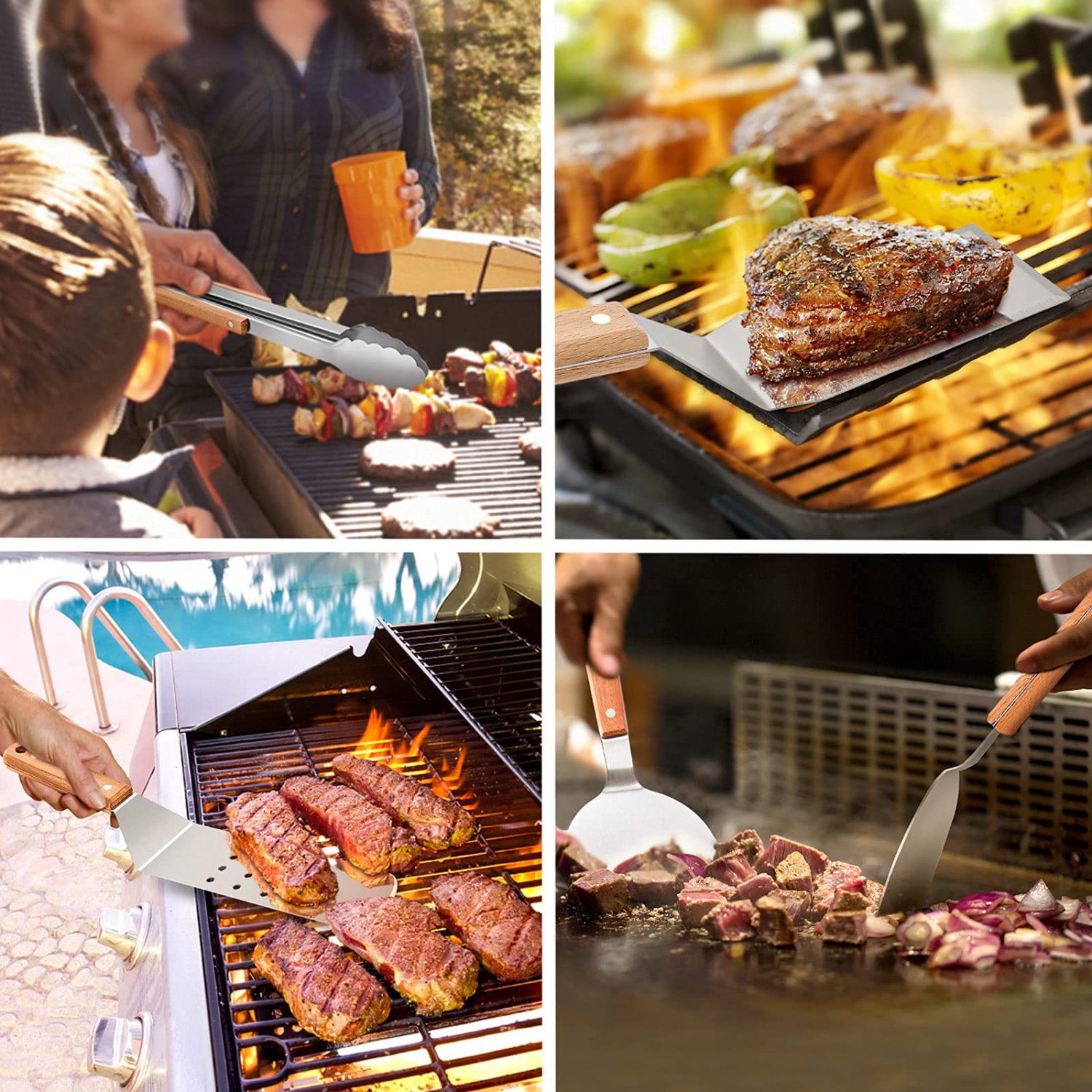 17 PCS Griddle Accessories, Stainless Steel BBQ Grill Accessories Tools with Hamburger Spatula Basting Cover Scraper Tongs, Metal Spatula Set for