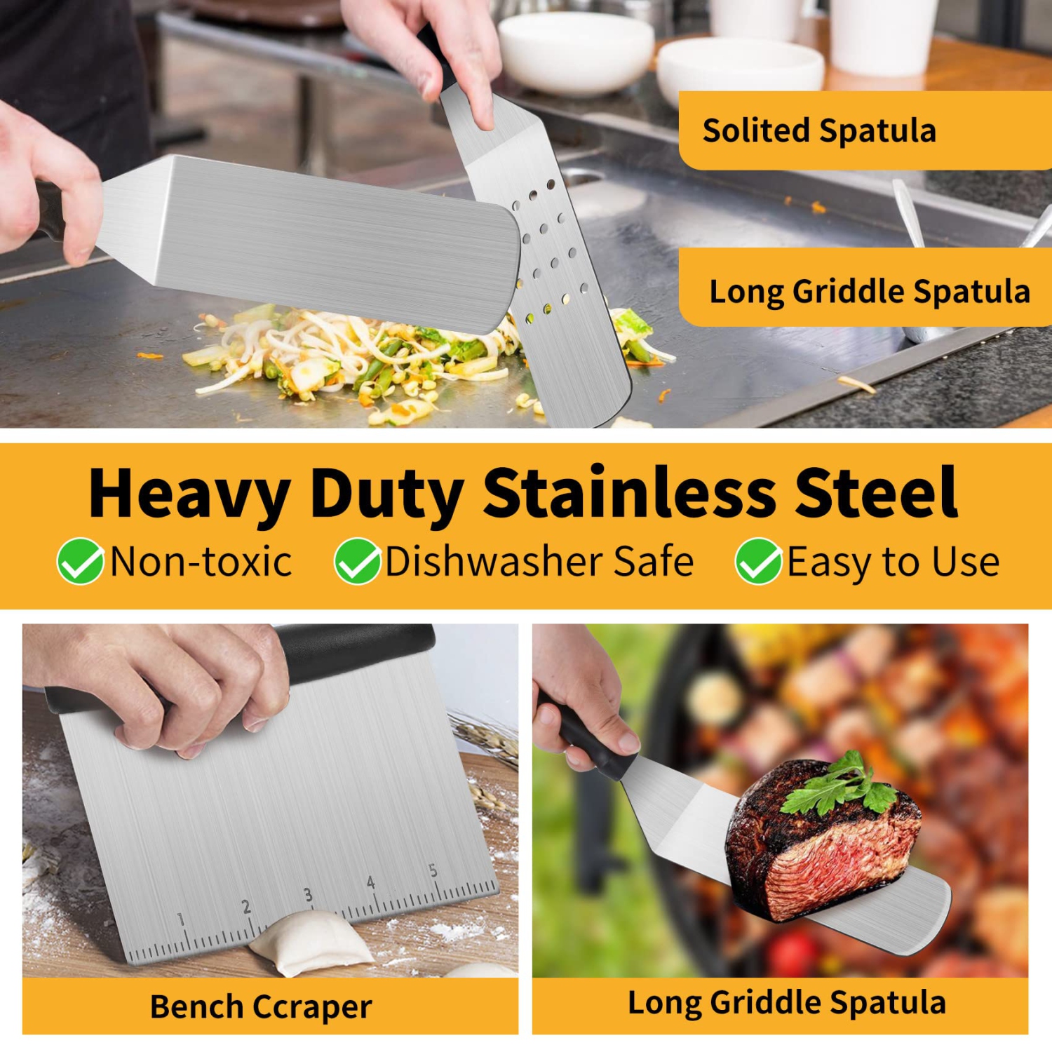 10PCS Professional BBQ Griddle Tool Kit for Flat Top Grill Blackstone and Camp Chef - Stainless Steel Griddle Spatulas Accessories Kit with Griddle