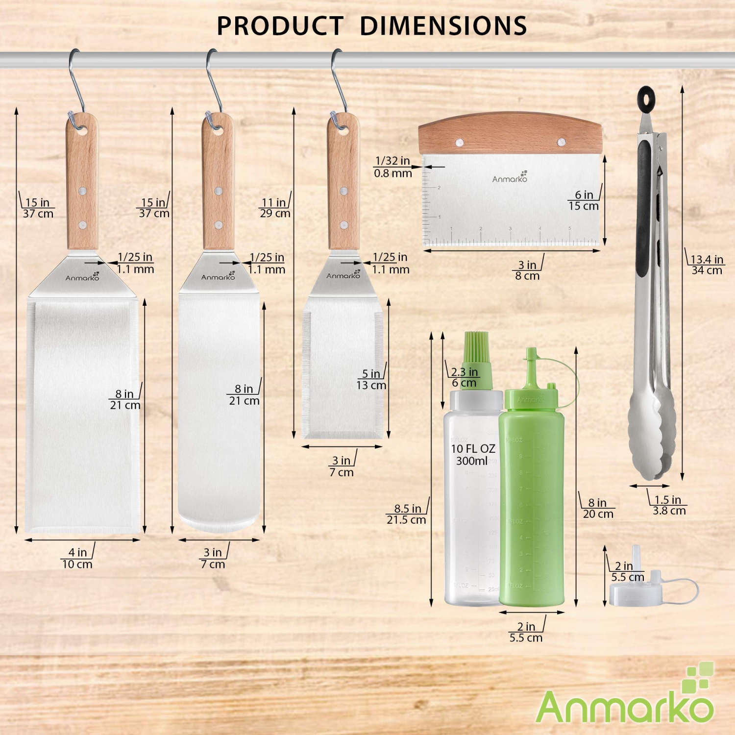 Wh 4psc Set Tongs Bottles Hooks AMetal Spatula Set - Griddle Accessories kit - Grill Flat Spatula Pancake Flipper Hamburger Turner - Metal Utensil