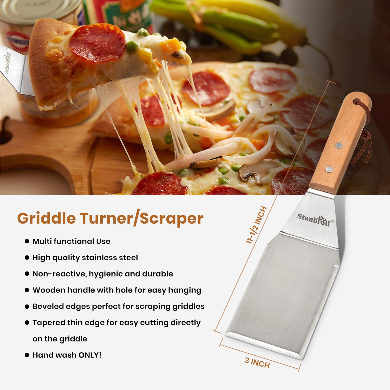 Set of 4 BBQ Grill Accessories Tool Kit - Stainless Steel Griddle Spatula Scraper Tools and Cast Iron Grill Press for Flat Tops, Griddles, Grills,