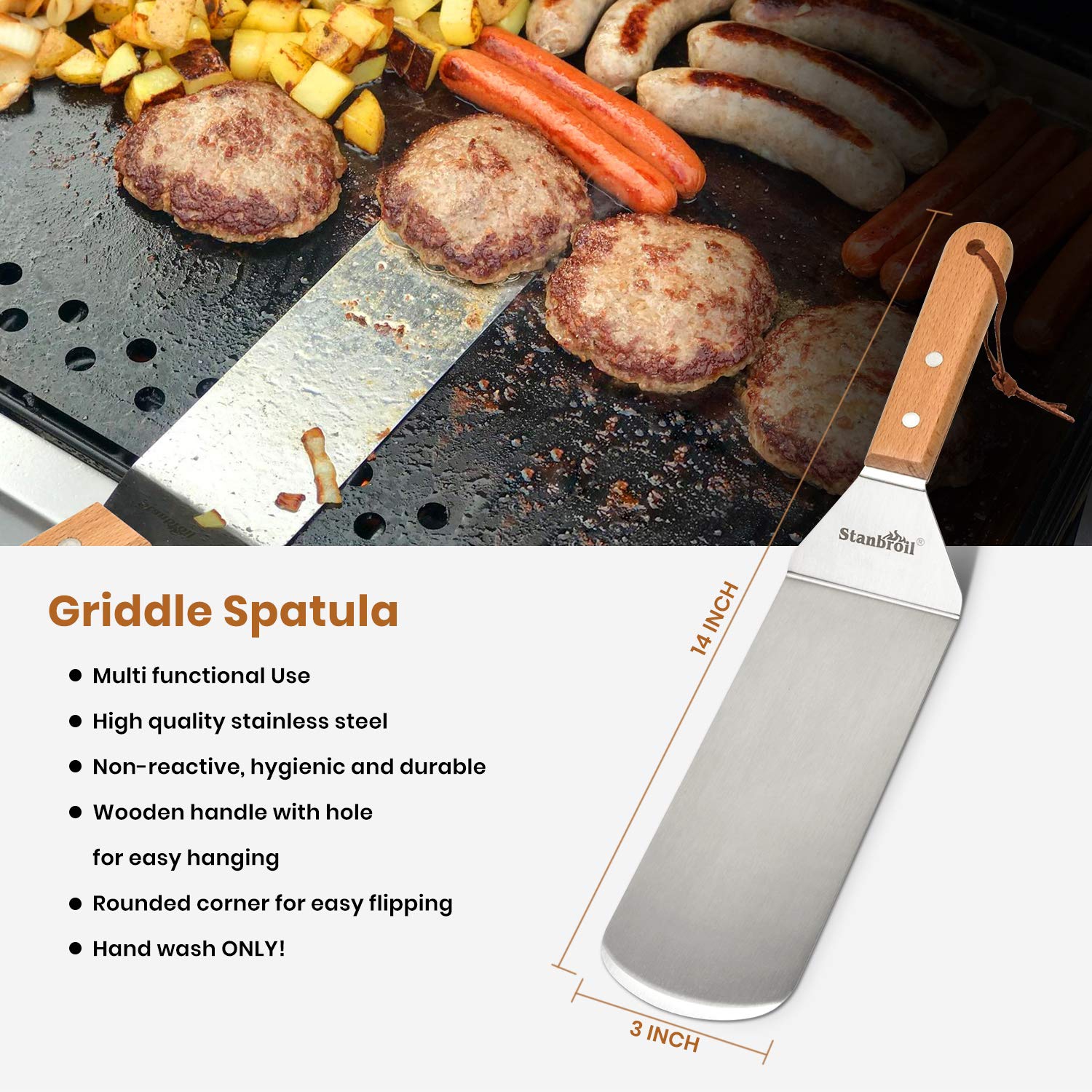 Set of 4 BBQ Grill Accessories Tool Kit - Stainless Steel Griddle Spatula Scraper Tools and Cast Iron Grill Press for Flat Tops, Griddles, Grills,