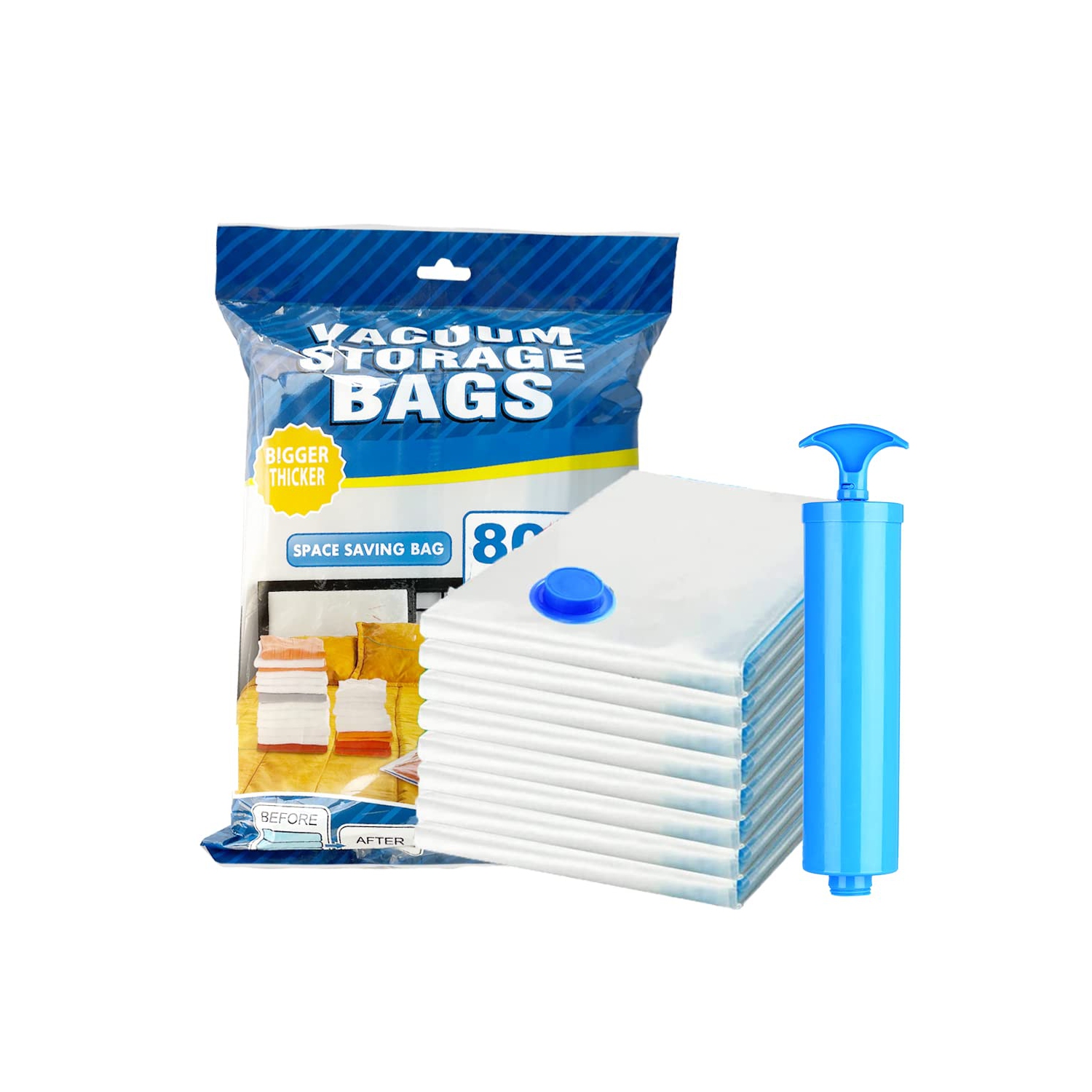 Vacuum Storage Bags with Hand Pump, 8 Jumbo Reusable Compression Space Saver Bags, Vaccumed Sealer Clothes Bags for Clothes, Comforters, Blankets &