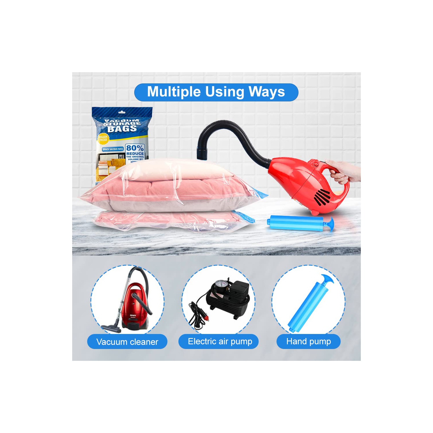 Vacuum Storage Bags with Hand Pump, 8 Jumbo Reusable Compression Space Saver Bags, Vaccumed Sealer Clothes Bags for Clothes, Comforters, Blankets &