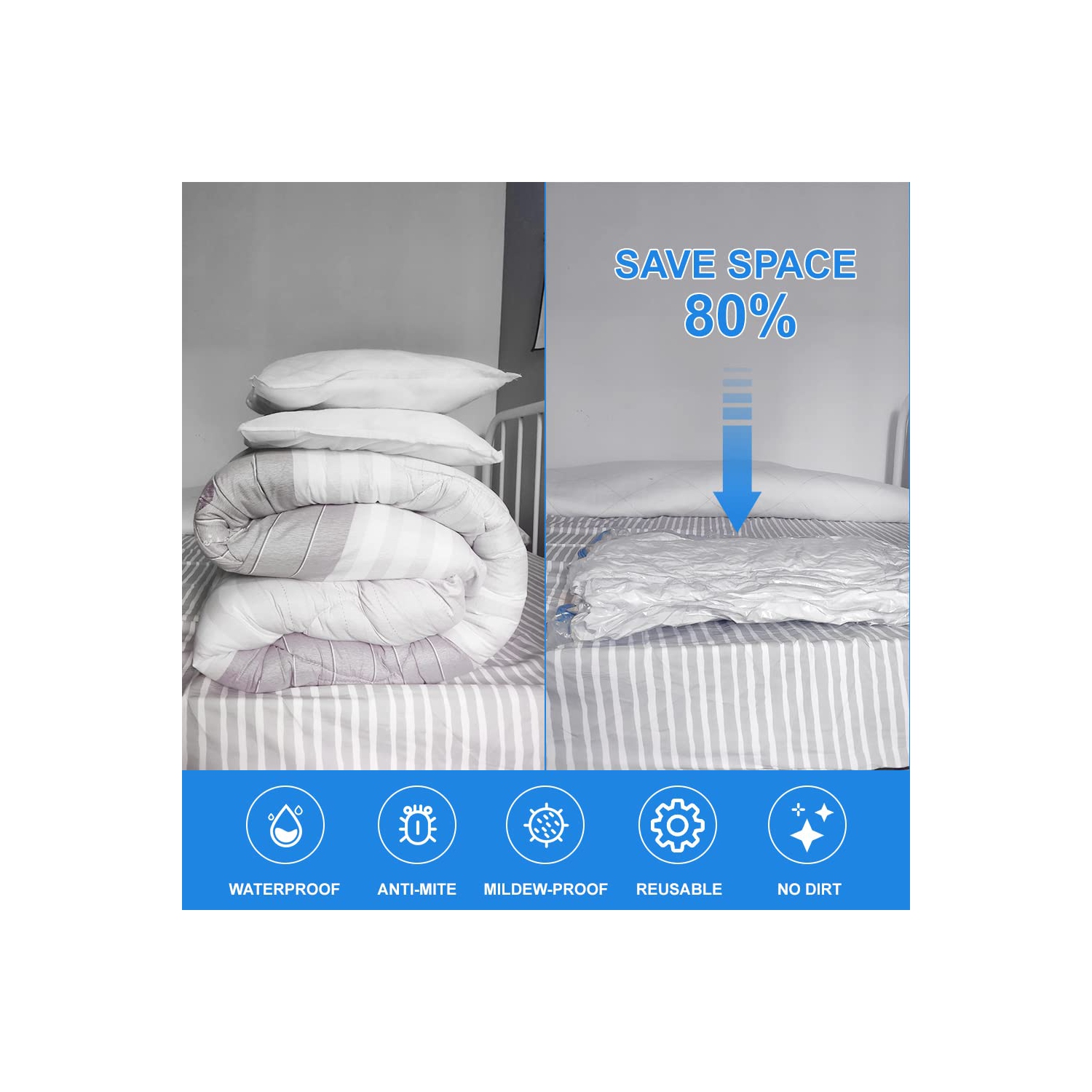 Vacuum Storage Bags with Hand Pump, 8 Jumbo Reusable Compression Space Saver Bags, Vaccumed Sealer Clothes Bags for Clothes, Comforters, Blankets &