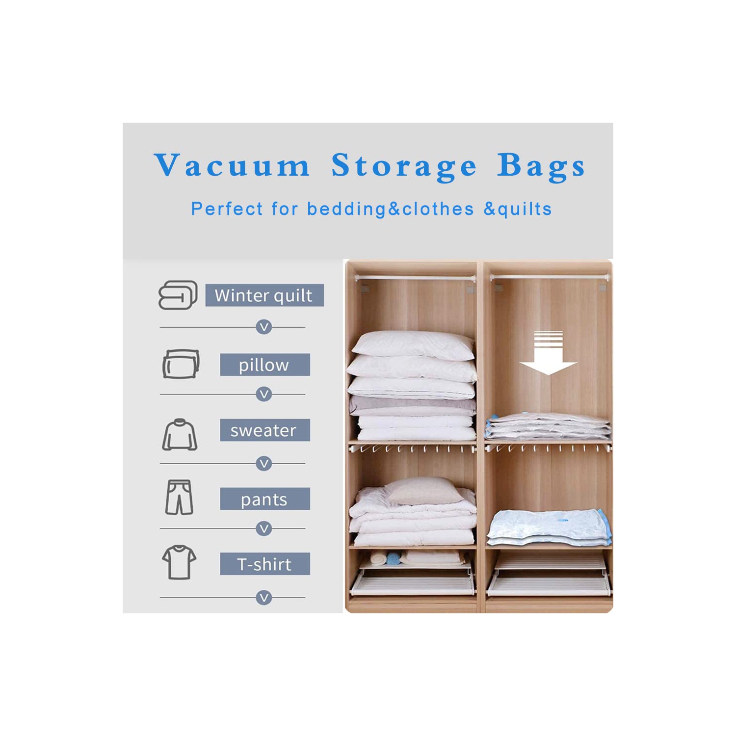 Vacuum Storage Bags with Hand Pump, 8 Jumbo Reusable Compression Space Saver Bags, Vaccumed Sealer Clothes Bags for Clothes, Comforters, Blankets &