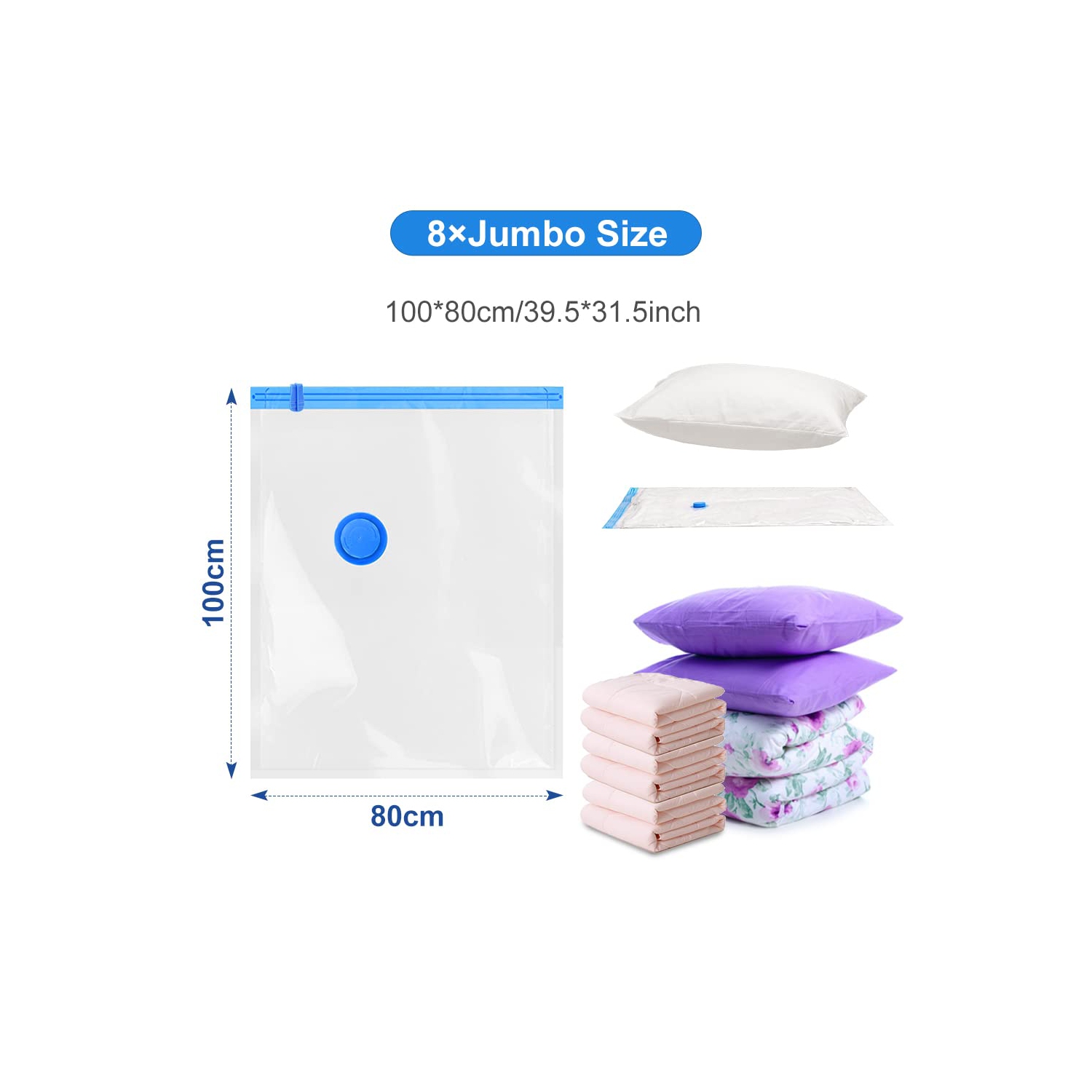 Vacuum Storage Bags with Hand Pump, 8 Jumbo Reusable Compression Space Saver Bags, Vaccumed Sealer Clothes Bags for Clothes, Comforters, Blankets &