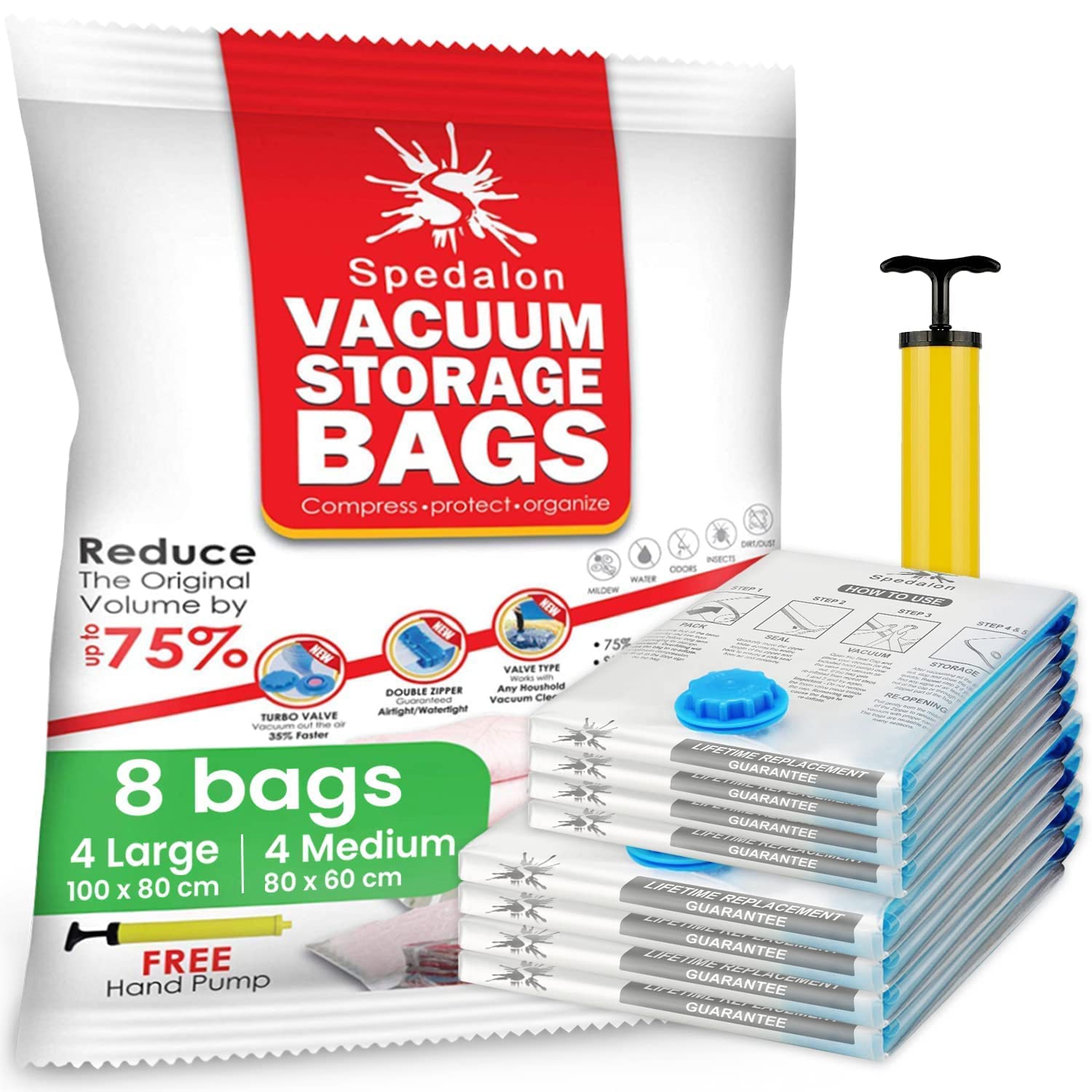 Vacuum Storage Bags - Pack of 8 Reusable Space Savers with Free Hand Pump for Travel Packing - Best Seal Bags for Clothes, Comforters, Pillows,