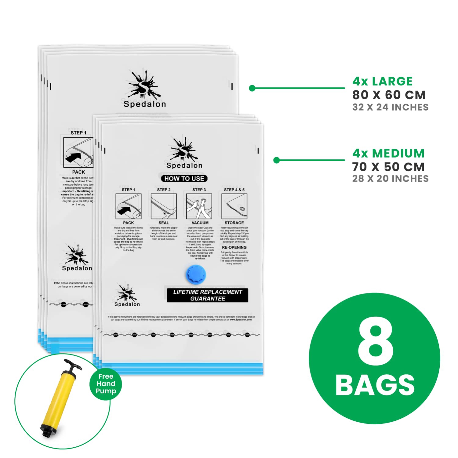 Vacuum Storage Bags - Pack of 8 Reusable Space Savers with Free Hand Pump for Travel Packing - Best Seal Bags for Clothes, Comforters, Pillows,